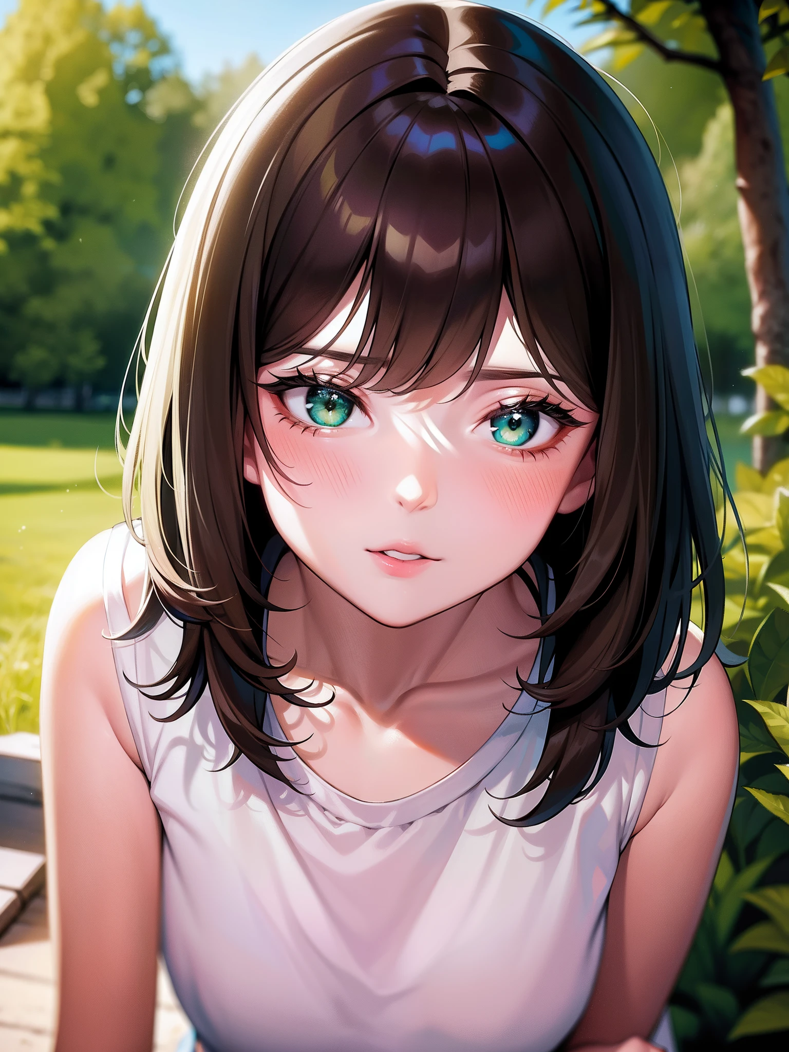 DEEP GREEN EYES, revealing cleavage, slightly large breasts, 1girl, Frente completamente cubierta por su flequillo, Chica de campamento, dark brown hair, flecos de pelo completo, pelo lacio, fair pale skin, 15 years old, ropa de campamento, high resolusion, ultrasharp, 8k, obra maestra, mirando al espectador