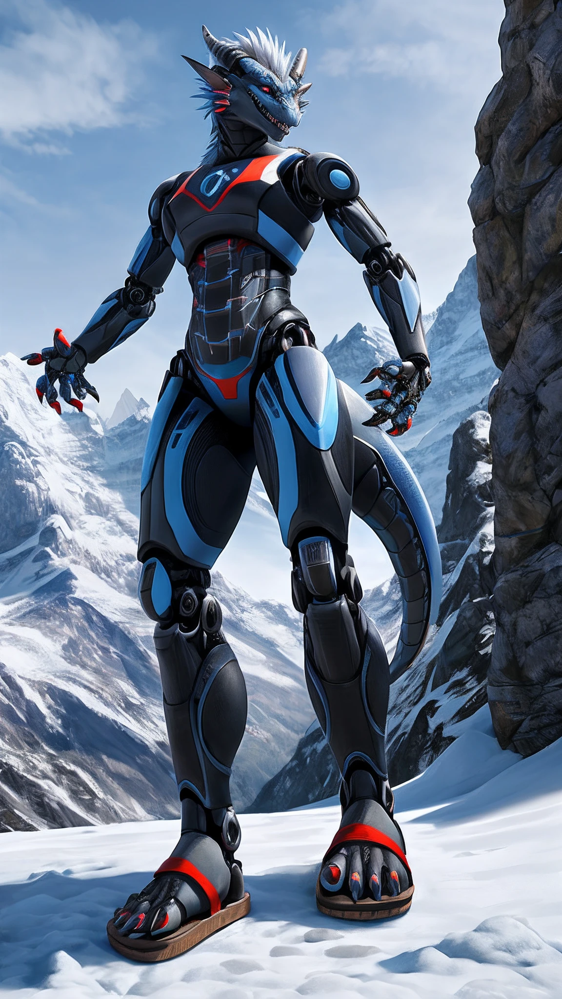Bionic robot dragon,female,Android,Red Lingeri,sandals,standing in the snowy mountain,HD graphics,Detailed and realistic,high detal,high qulity,photo-realistic,photorealistic eye,Detailed paws,Clear eyes,Masterpiece artwork,Five-fingered hands,top-quality,32k