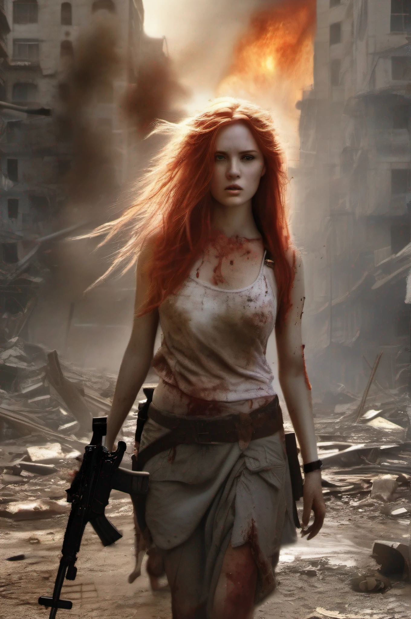 Three white red-haired women with very long hair stumbles through the streets of a ruined city with a naked wet upper body, and a bleeding gunshot wound in her left shoulder. An automatic rifle in her right hand, full of mud, blood, and wounds, and wearing a torn skirt. Explosions and fires ravaged the devastated city everywhere.