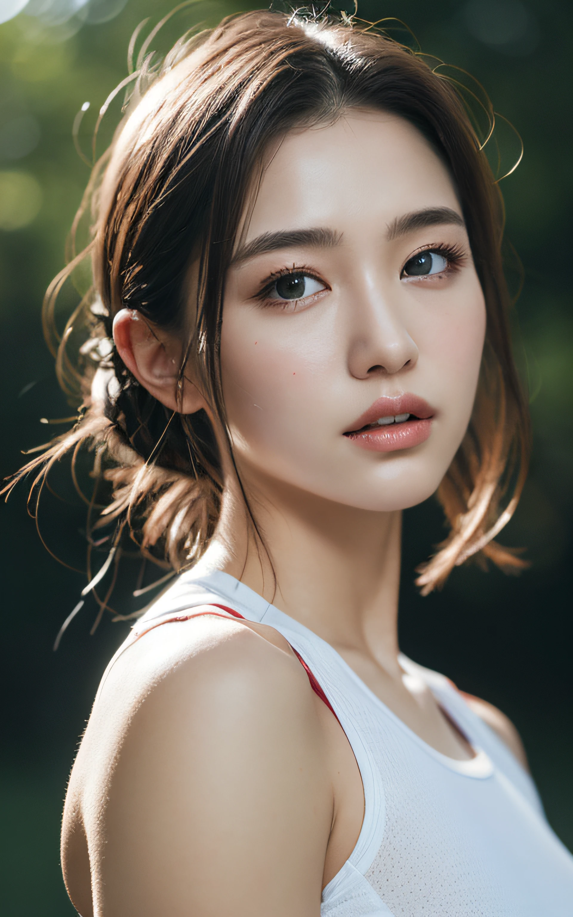 Highly detailed CG Unity 8k wallpaper, top quality, super detailed, masterpiece, realistic, photo realistic, very detailed cute girl, 25 years old, Muscle, abs, round eyes, viewer, blush, parted lips, half body shot ,
sportswear , gym