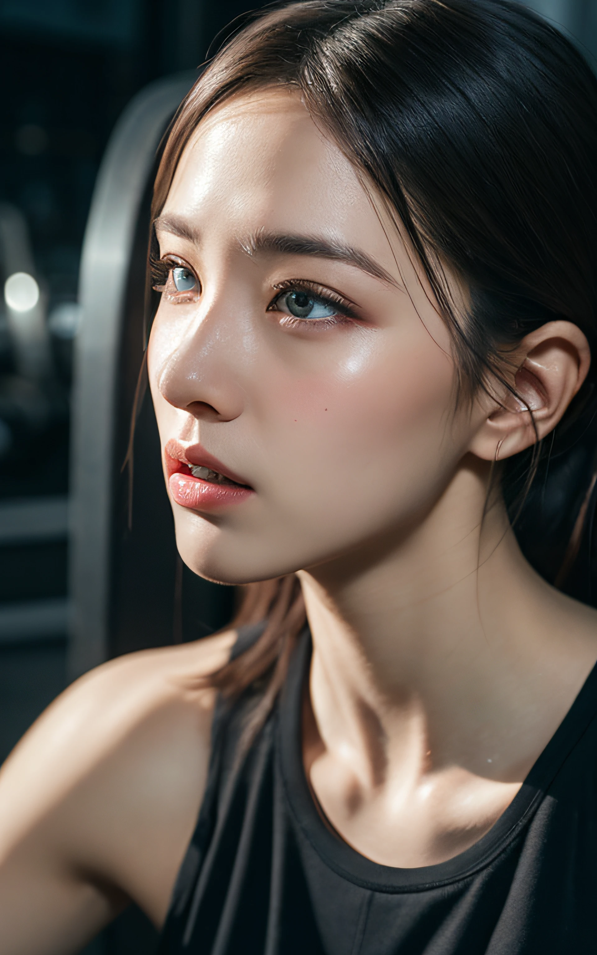 Highly detailed CG Unity 8k wallpaper, top quality, super detailed, masterpiece, realistic, photo realistic, very detailed cute girl, 25 years old, Muscle, abs, round eyes, viewer,  blush, parted lips, half body shot ,
sportswear , gym