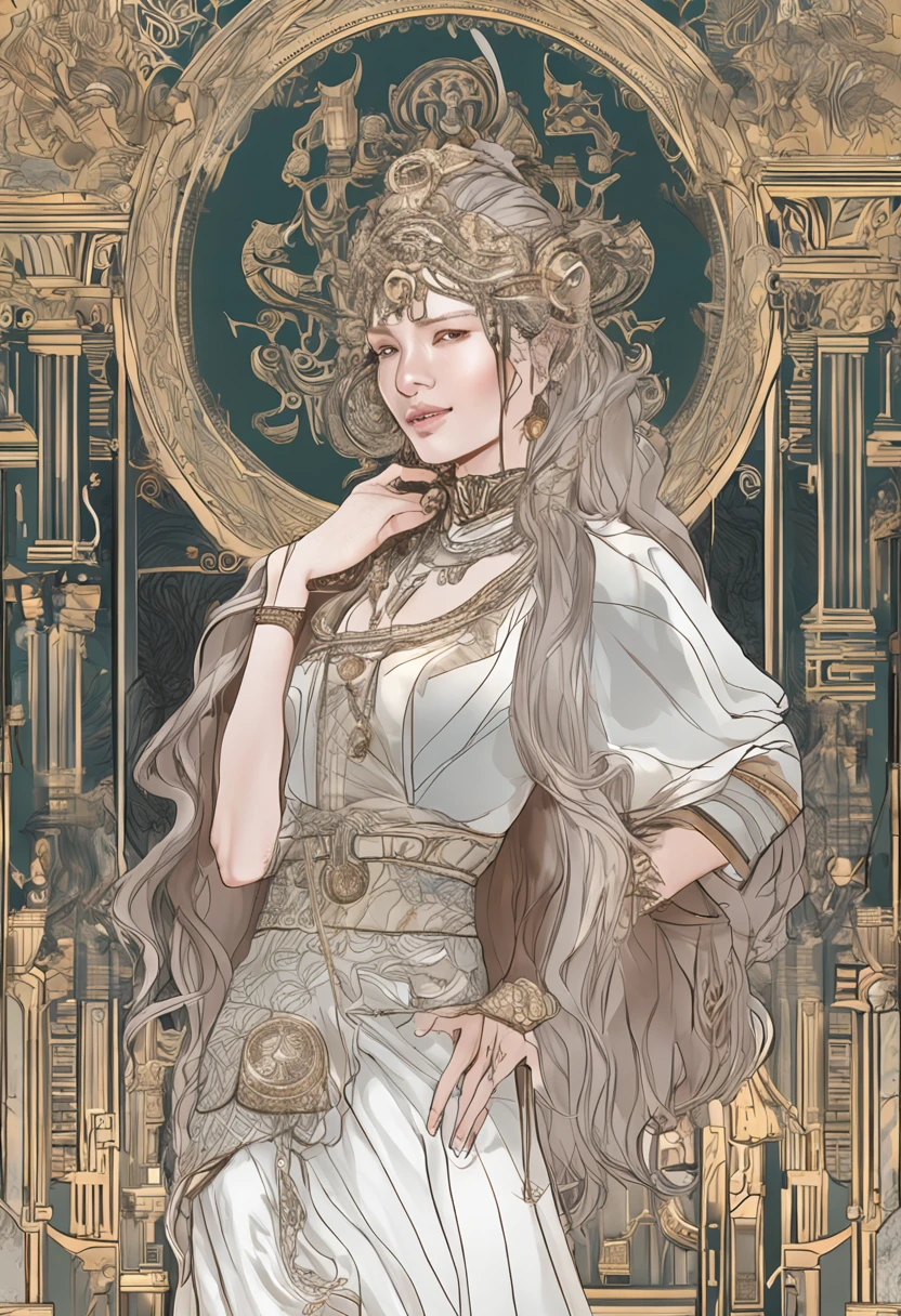 （hoang lap，A high resolution，ultra - detailed），1womanl，a matural female，Idade，wavy and long hair，whaite hair，黑The eye，By bangs，longer sleeves，Fine eyes and detailed face，the Extremely Detailed CG Unity 8K Wallpapers，Complicated details，Half shot，详细的脸，Stoic expression，dynamicposes，floated hair，Classical era，（Ancient Roman theme：1.1），Roman mythology，Roman， Capua， Ancient vineyards， Oracle， cloaks， Iron fittings， ancient themes， （Prosperous Civilization：1.1）， Original white marble， （Intact：1.1） Marble building， Hills in the background， braziers， Burning embers， the night， darkly， As estrelas， The halo of light， majestic atmosphere， Floating stone particles， sportrait， The wind rotates，Sit on the throne，Crown on head，A queen