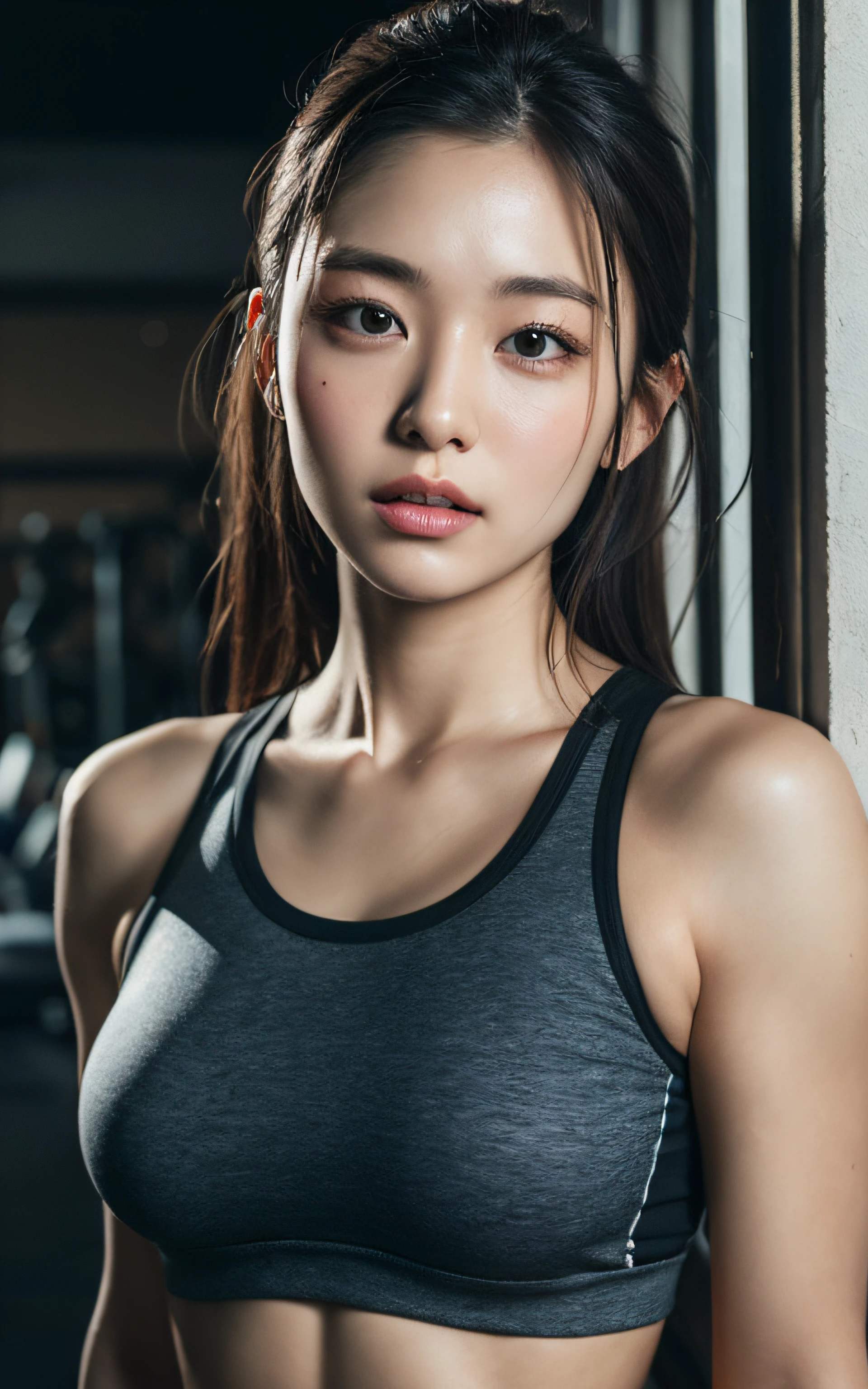 A portrait photo of beautiful Chinese girl, attractive face, wearing sport bra, gym room background, fitness center, hyper realistic photo, medium closeup shot