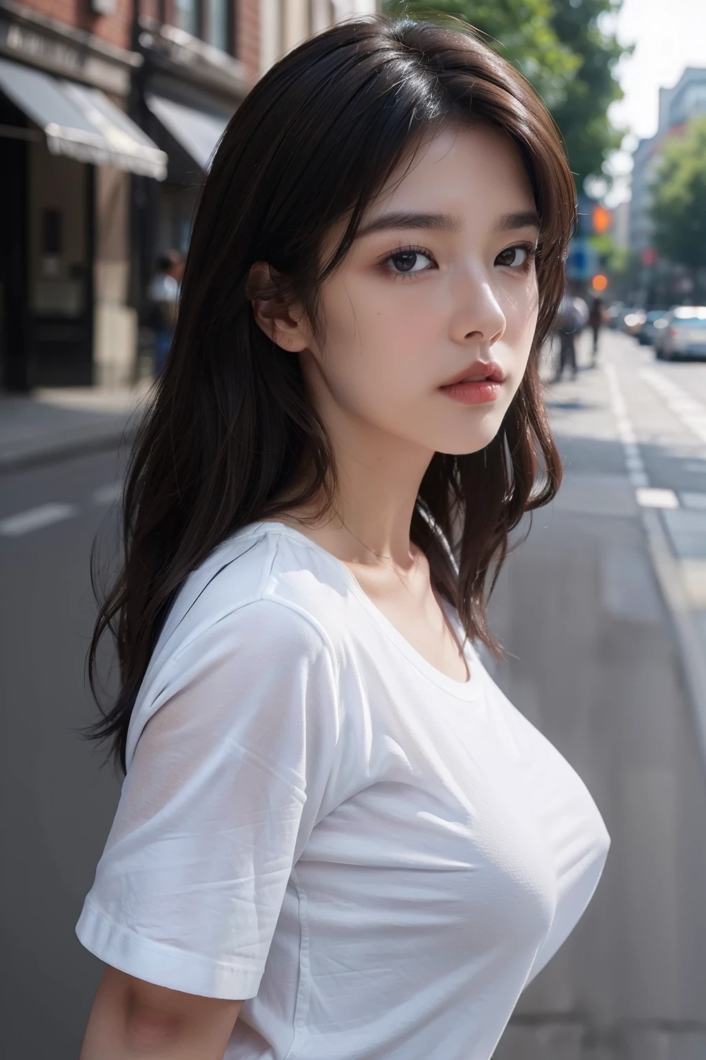 ((top-quality、8k、​masterpiece：1.3))、Crisp focus：1.2、Beautiful Women in Perfect Style：1.4、((Dark brown hair、huge tit：1.2))、(white t-shirts:1.1)、Street:1.2、Highly detailed facial and skin texture、A detailed eye、二重まぶた