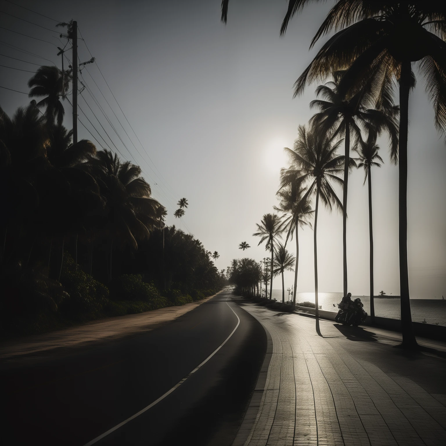there is a street with palm trees and a motorcycle on it, road to the sea, summer street near a beach, outdoors tropical cityscape, shot on nikon d 3 2 0 0, early morning, late afternoon, road, photograph of the city street, tropical coastal city, empty road in the middle, shot on leica sl2