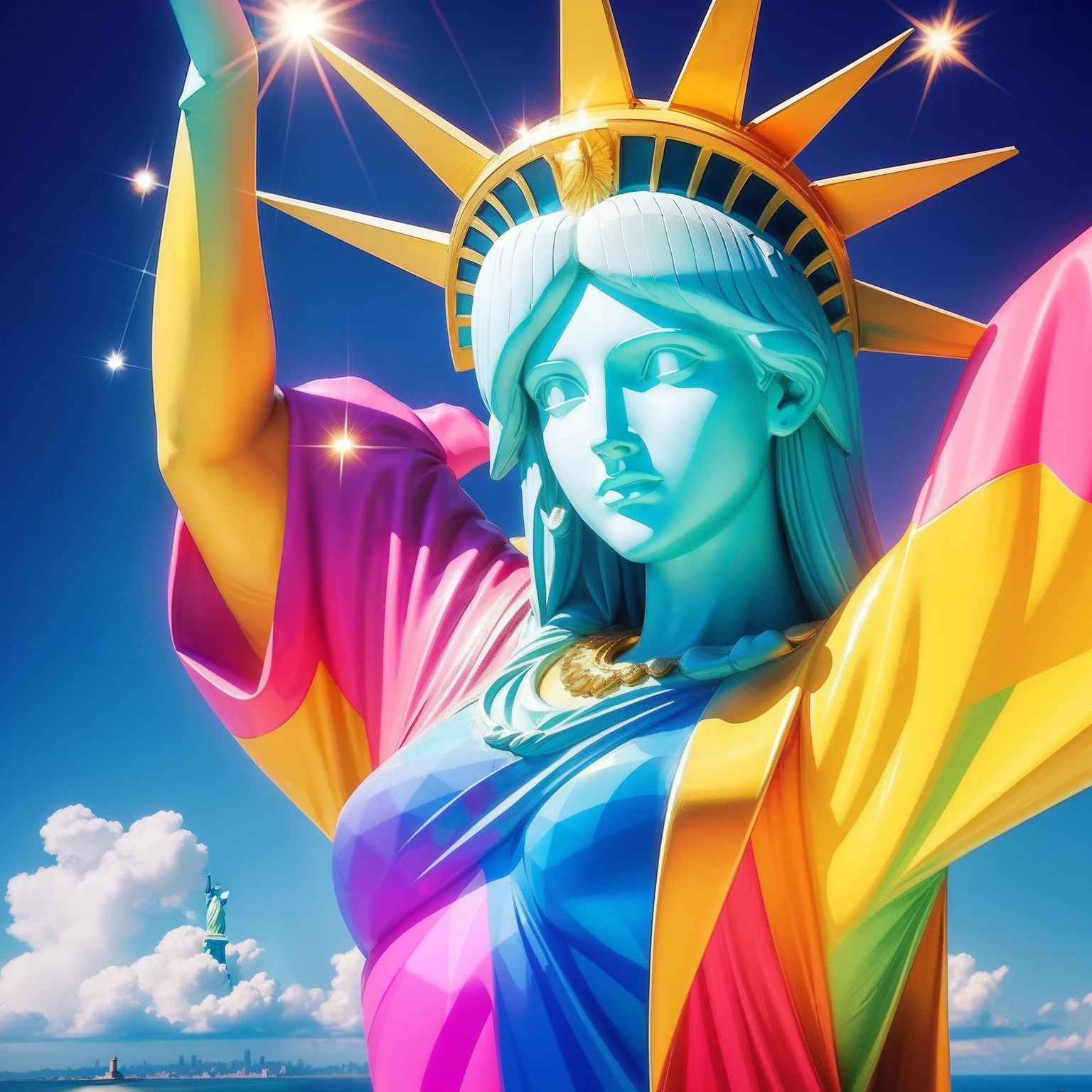 Peace sign in the sky with diamonds, Statue of Liberty in the style of peter max