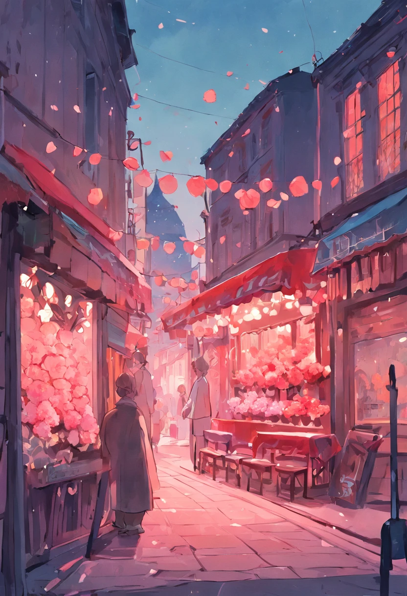 carnation street art illustration france, in the style of colorful cityscapes, quiet moments captured in paint, wes anderson, raoul dufy, animated illustrations, trompe l'oeil compositions, panorama