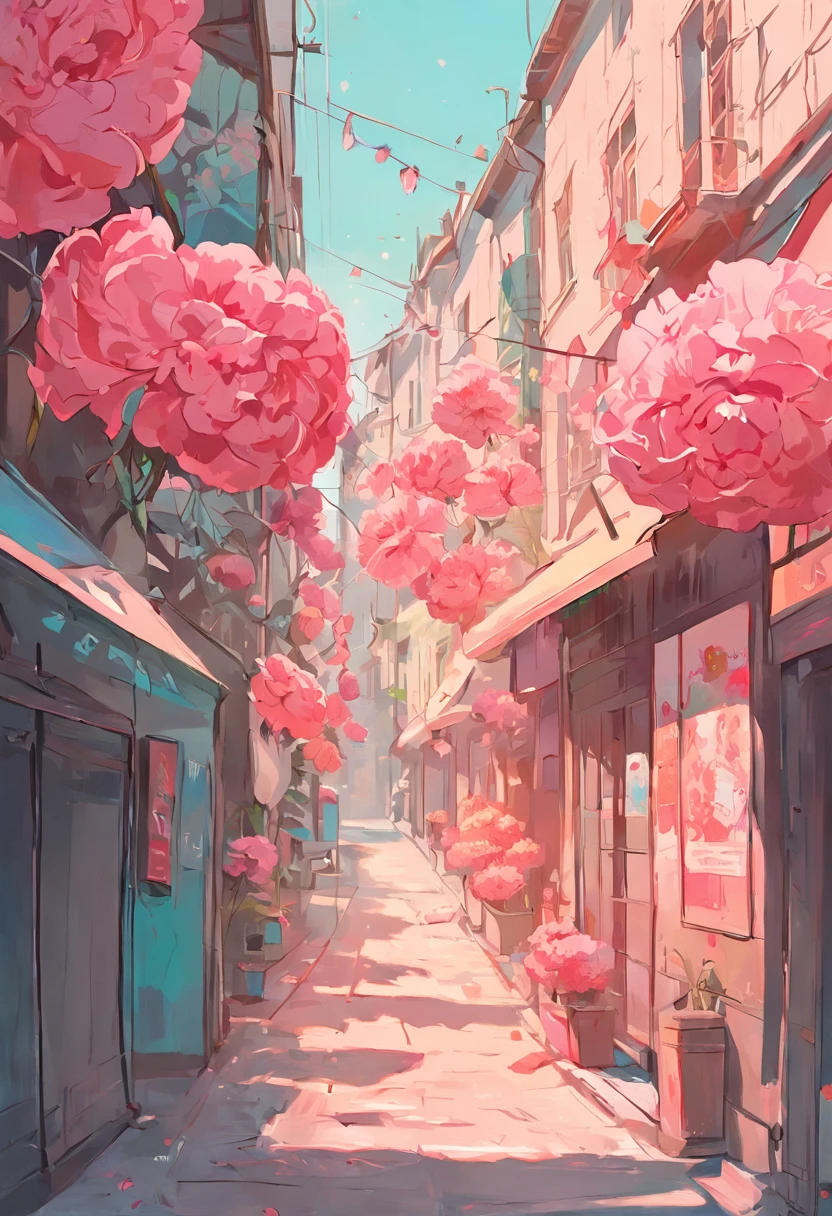 carnation street art illustration france, in the style of colorful cityscapes, quiet moments captured in paint, wes anderson, raoul dufy, animated illustrations, trompe l'oeil compositions, panorama
