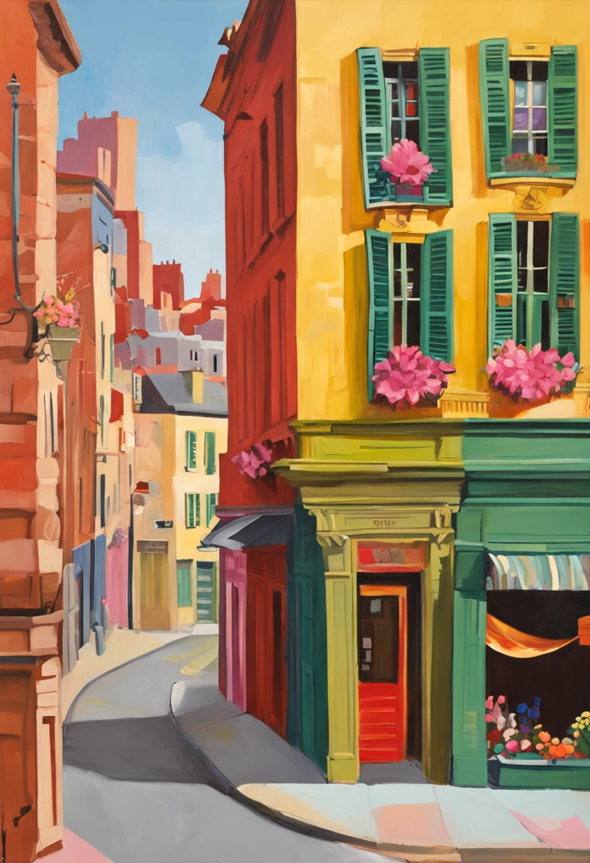 carnation street art illustration france, in the style of colorful cityscapes, quiet moments captured in paint, wes anderson, raoul dufy, animated illustrations, trompe l'oeil compositions, panorama