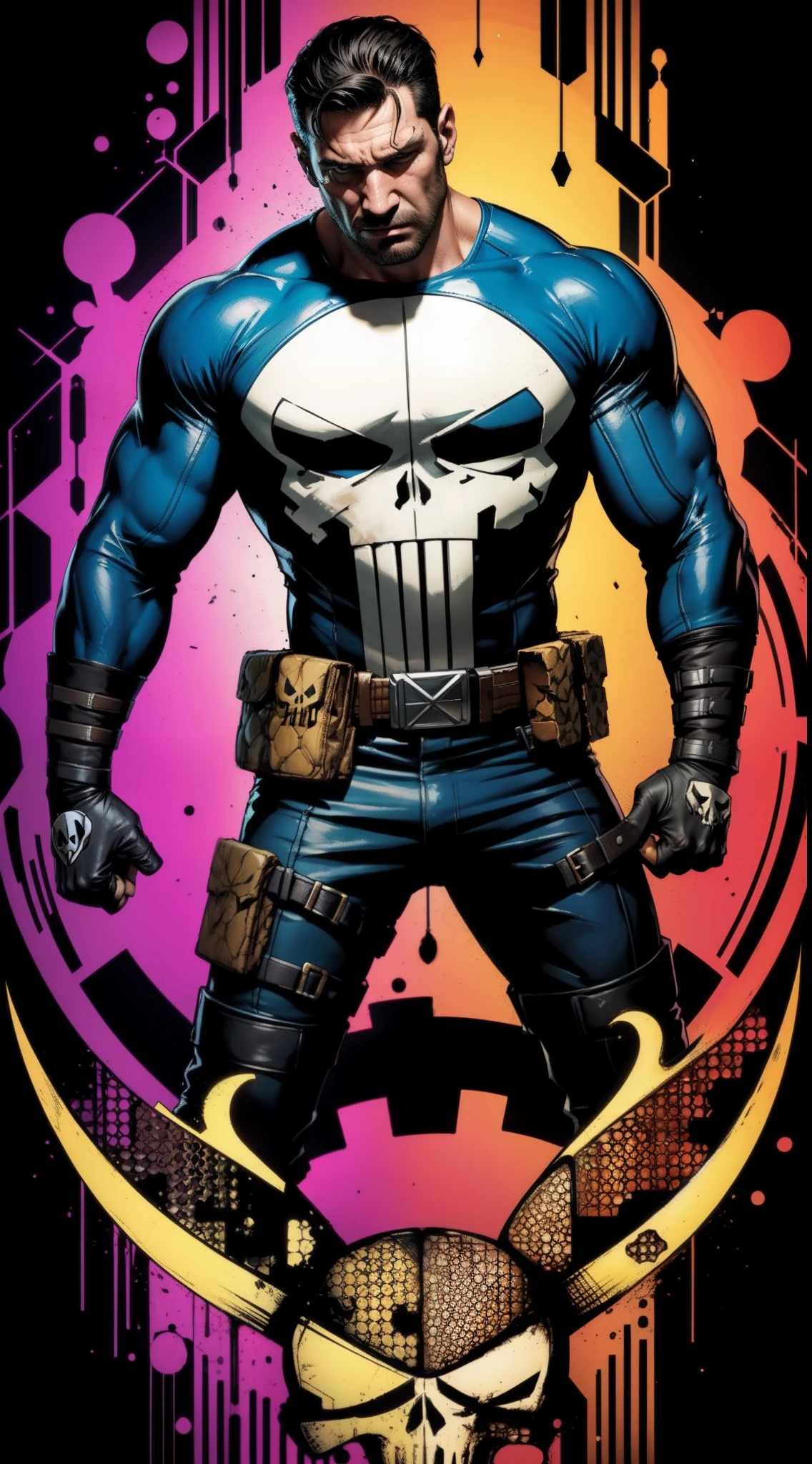 Punisher from Marvel Comics, Masterpiece, Best Quality, abstract, Psychedelic, Neon, (honeycomb pattern), (creative:1.3), Sy3, SMM, fantasy00d