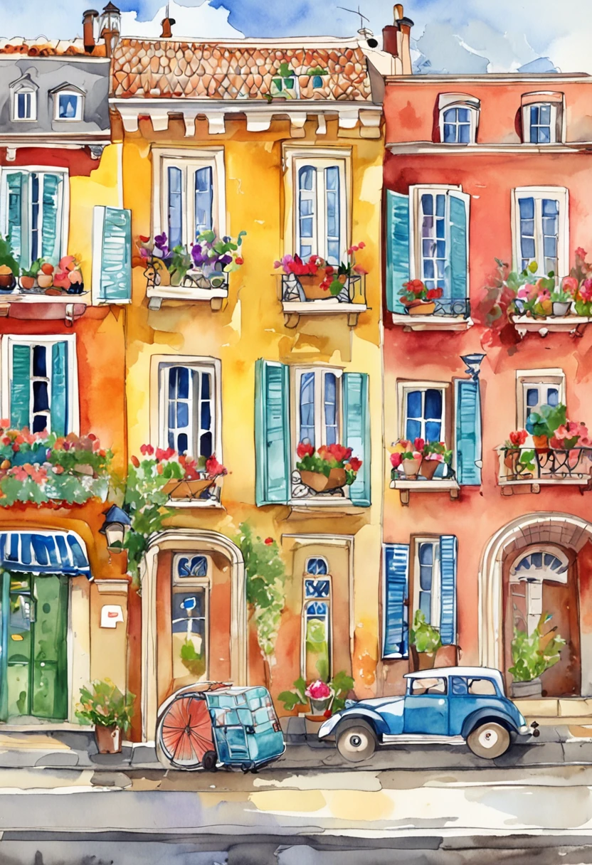 carnation street art illustration france, in the style of colorful cityscapes, quiet moments captured in paint, wes anderson, raoul dufy, animated illustrations, trompe l'oeil compositions, panorama