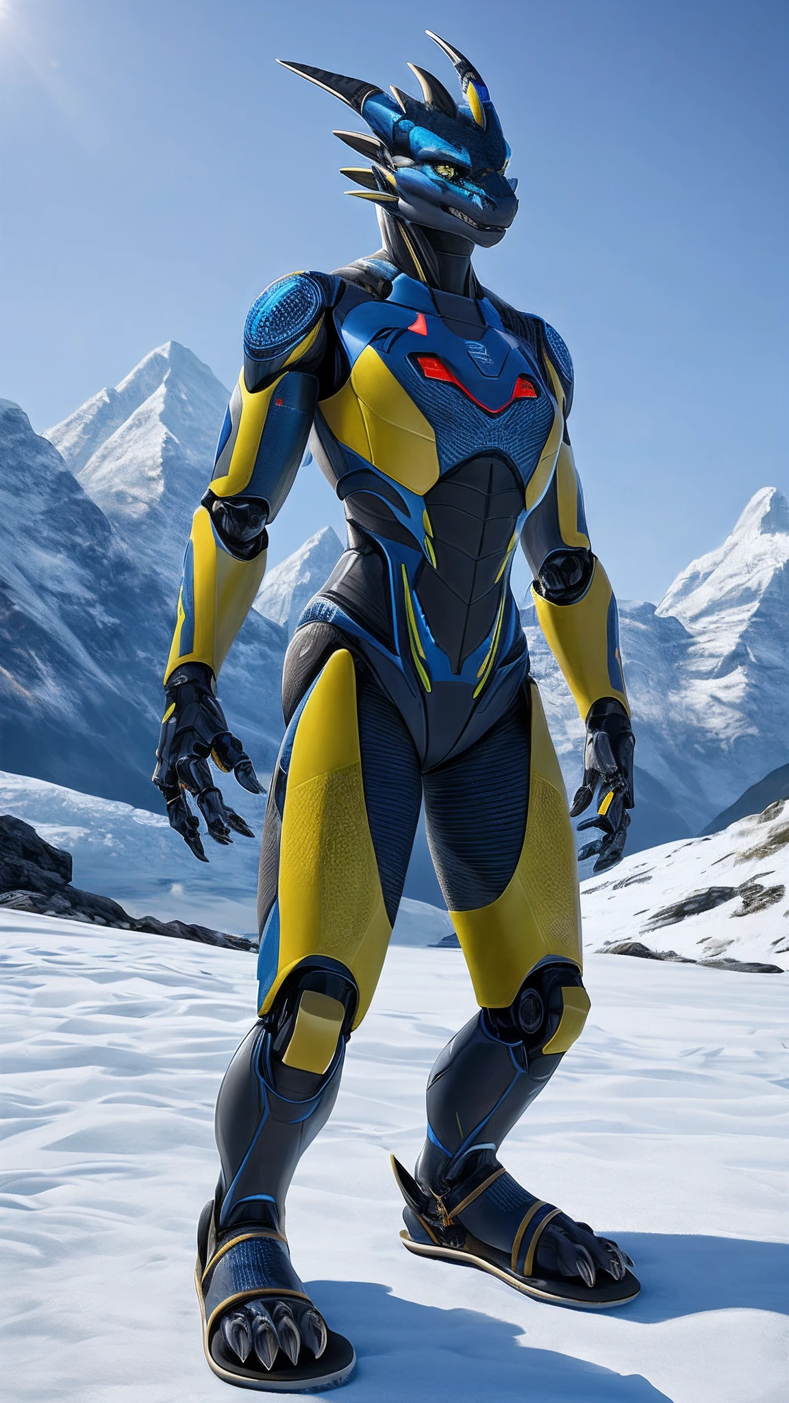 Bionic robot dragon，female，Android，Red Lingeri，sandals，Standing in a yacht on a snowy mountain，HD graphics，Detailed and realistic，high detal，high qulity，photo-realistic，photorealistic eye，Detailed paws，Clear eyes，Masterpiece artwork，Five-fingered hands，top-quality，32k