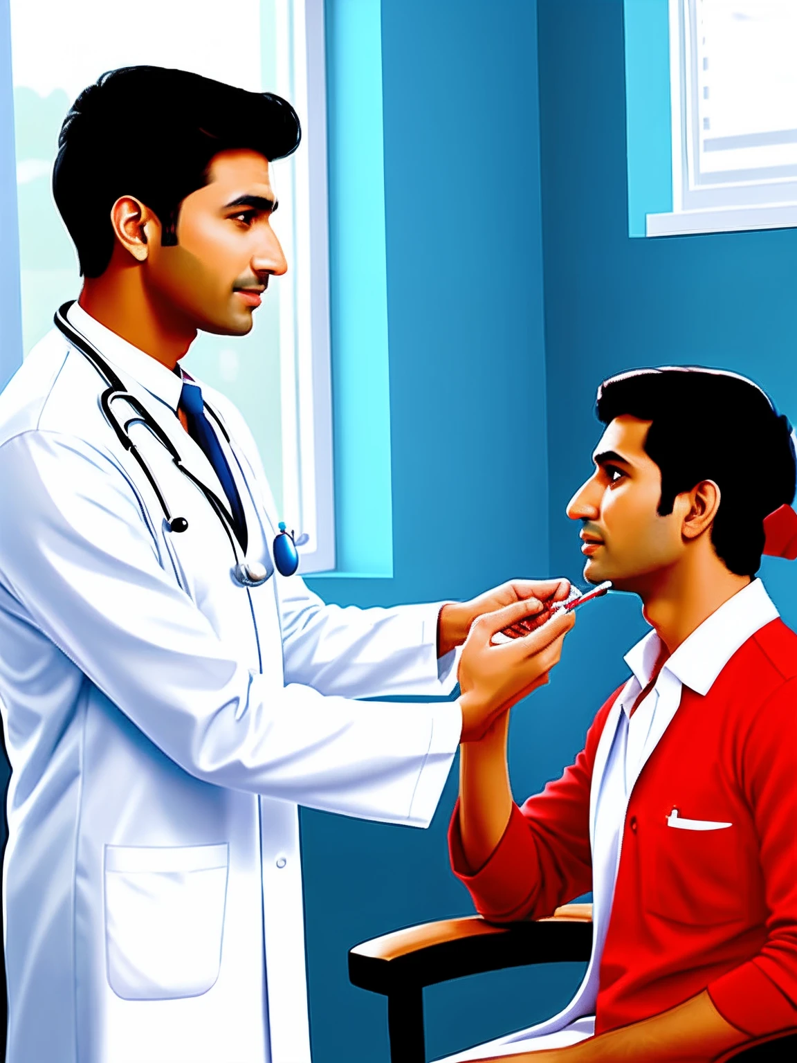 Handsome fair Indian doctor talking to a patient clinic background large window vector art