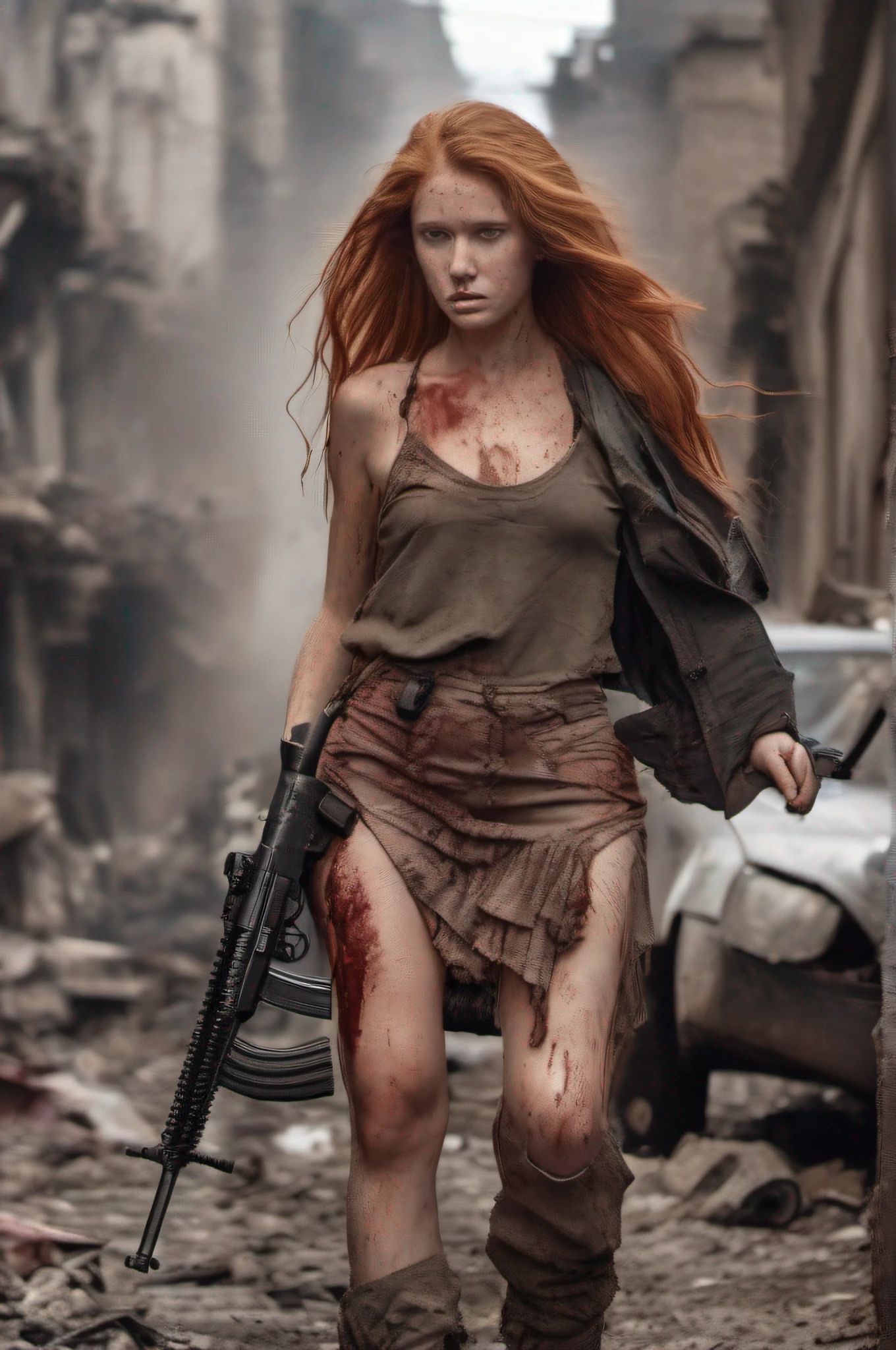 Three white red-haired women with very long hair stumbles through the streets of a ruined city with a naked wet upper body, and a bleeding gunshot wound in her left shoulder. An automatic rifle in her right hand, full of mud, blood, and wounds, and wearing a torn skirt. Explosions and fires ravaged the devastated city everywhere.