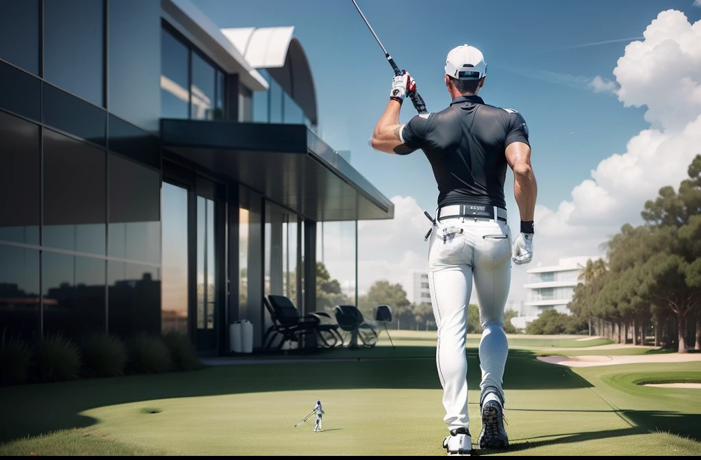 A cyborg, Golfer, seen from the back, A cyborg, brandishing a club Full-length rear view, Top view of the field, On the golf course, White buildings in the background, Golf cart, Under the glass dome
