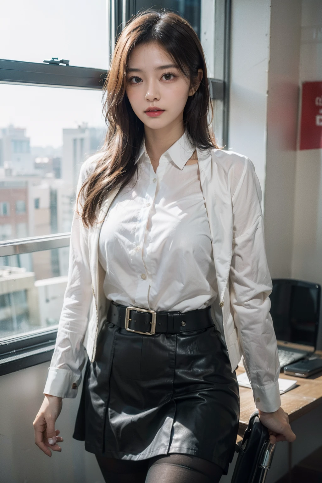 1girl, (european:1.3), 31 years old,Sophisticated, businesswoman's suit, (Jacket:1.1), (Shirt:1.1), (line wrap skirt:1.1),Accessories,Jewelry,Briefcase,Tights,Stockings,goosebumps,goose-flesh, (realistic:1.3), finely detailed, quality, (masterpiece:1.2), (photorealistic:1.2), (best quality), (detailed skin:1.3), (intricate details), dramatic, ray tracing, photograph, Wind surfboard, Bathed in shadows, Visual novel, boss office in Skyscraper, window with view on the city, film grain, Kodak gold 200, Depth of field 100mm, Flickr