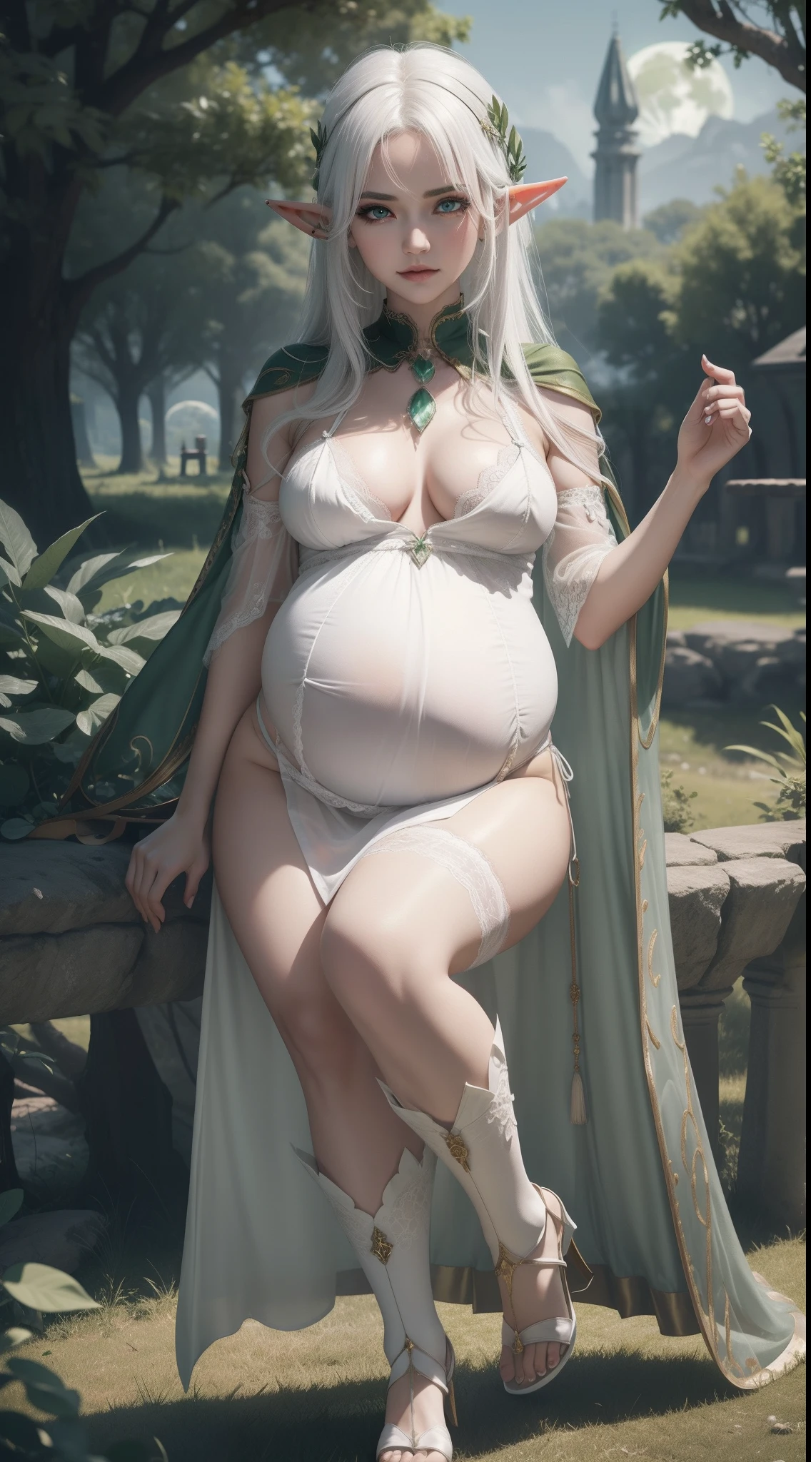 the elf，(White hair)，pointy ears，Crucifer-shaped pupil，Lewd expression，Collar，Nipple piercing，Lace lingerie big breasts，Green transparent cloak，hand behind back，Quite belly，simplebackground，themoon，The breath of life，green meadows，A huge tree of life，The breath of green life，Skysky，Gentle and powerful divinity，Wife-like feeling，Poor milk loli，5 months pregnant，pregnant women with，full bodyesbian，slender leg，Beautiful heels