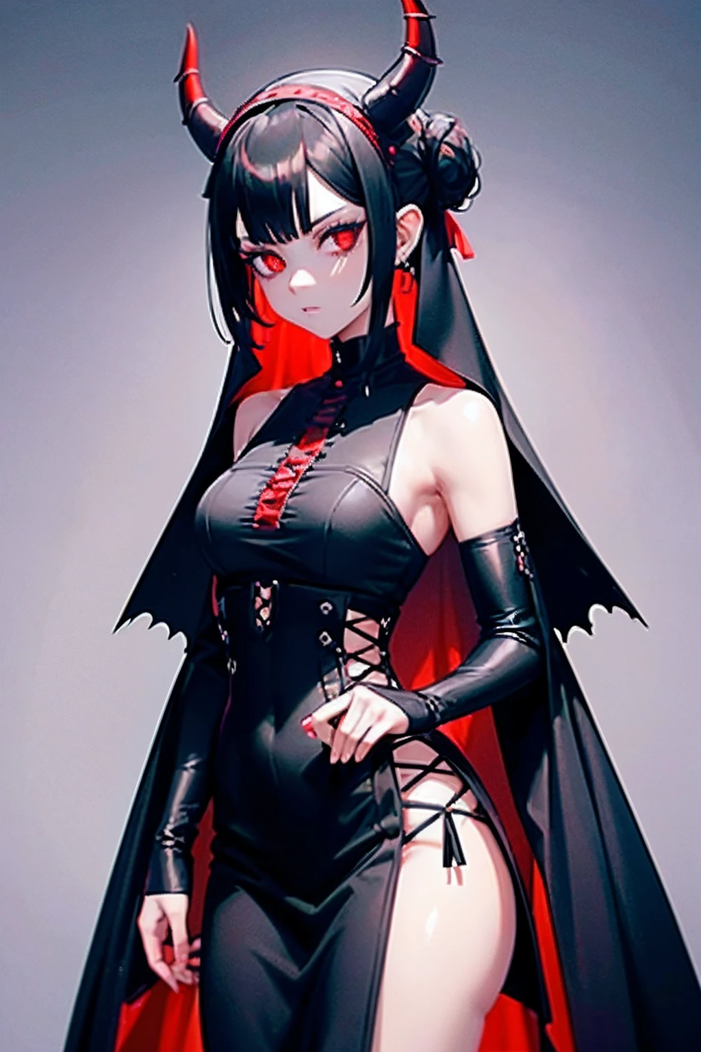 1 girl, demon girl, solo, black hair, short straight hair, bun updo, long horns, ultra detailed red and black eyes, slit pupils, gothic dress, sleeveless gothic dress, light gothic dress, skirtless gothic dress, ruined gothic cathedral in background, dim lighting, warm colours, hat with veil