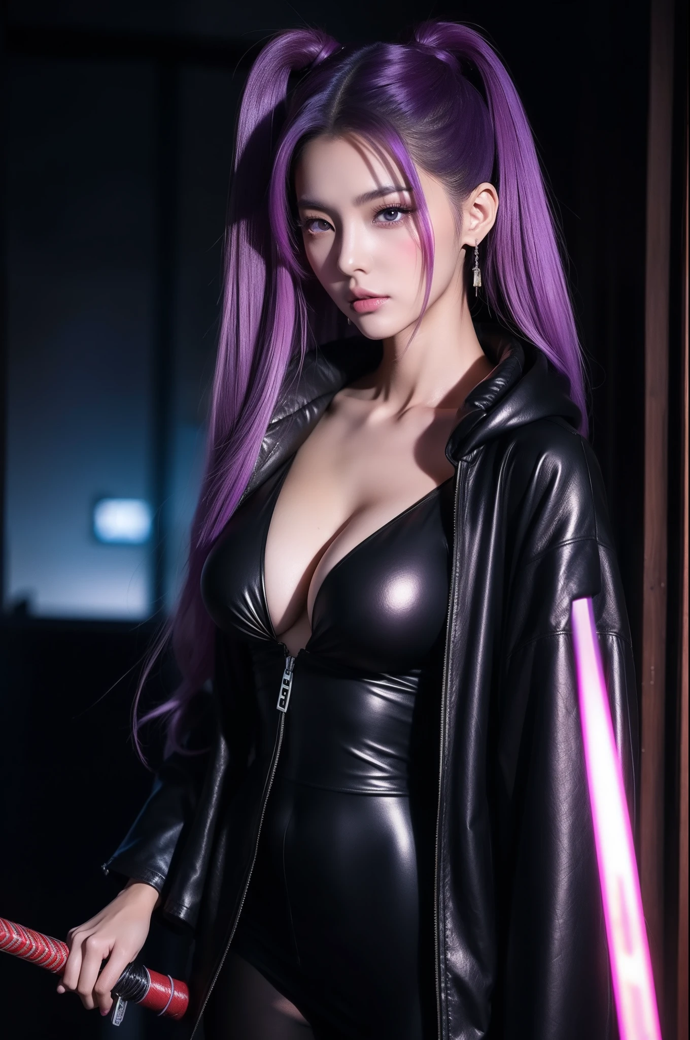 anime girl in a black outfit with a sword in her hand, very beautiful cyberpunk samurai, digital cyberpunk anime art, anime cyberpunk art, cyberpunk anime girl mech, cyberpunk anime girl, cyberpunk anime art, female cyberpunk anime girl, cyberpunk geisha, digital cyberpunk - anime art, cyberpunk samurai, anime style 4 k, badass anime 8 k, cyberpunk anime girl in hoodie, beautiful south korean woman, korean girl, beautiful young korean woman, korean woman, heonhwa choe, korean women's fashion model, sexy look, big breast, sexy pose, show breast, light purple hair