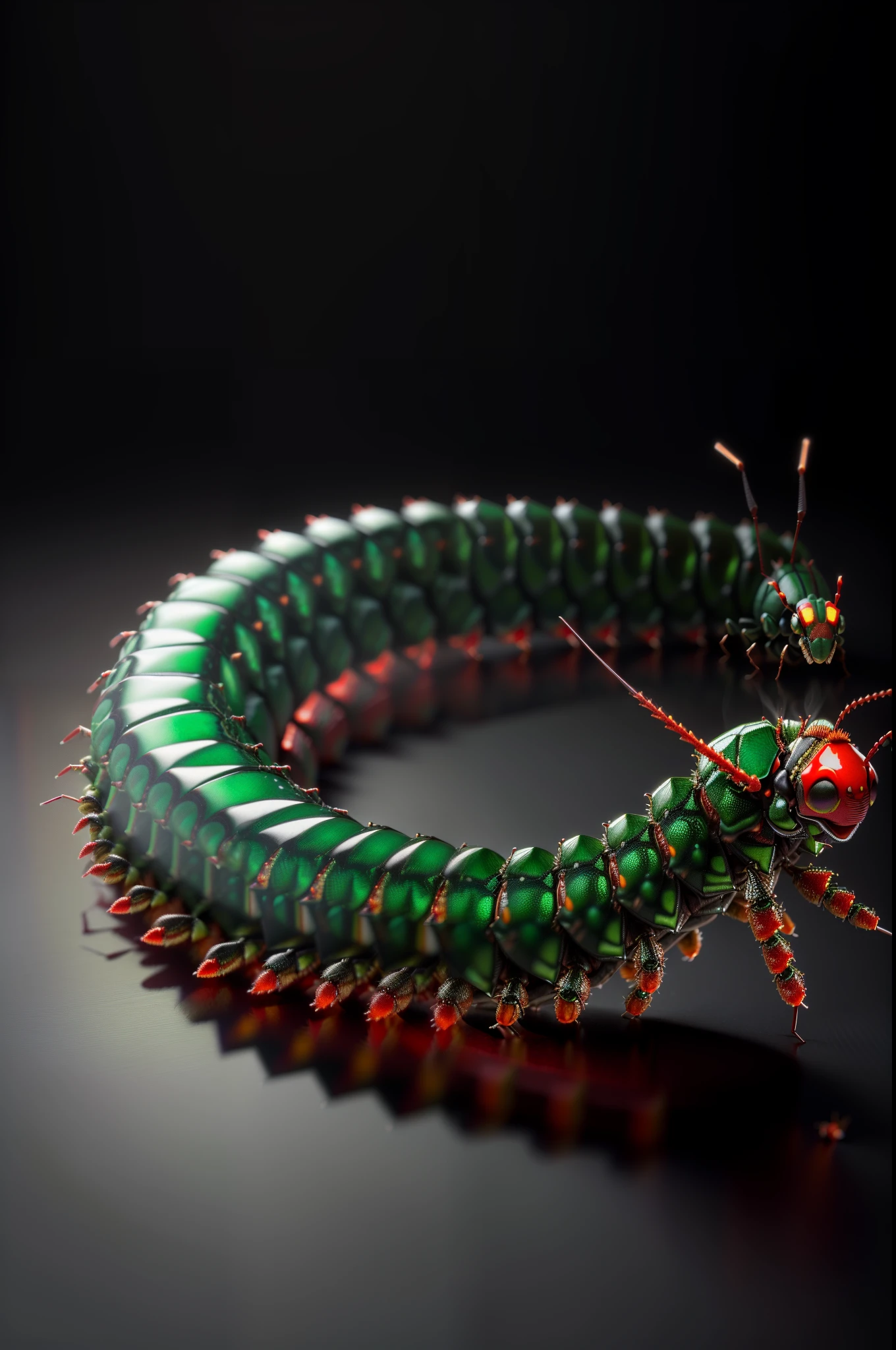 there is a green and red insect that is on a table, depicted as a 3 d render, giant centipede, metamorphosis complex 3d render, centipede, rendered illustration, a hookah smoking caterpillar, rendered in keyshot, rendered art, rendered in houdini, the caterpillar, rendered in redshift, emerald, larvae, pre-rendered, digital render