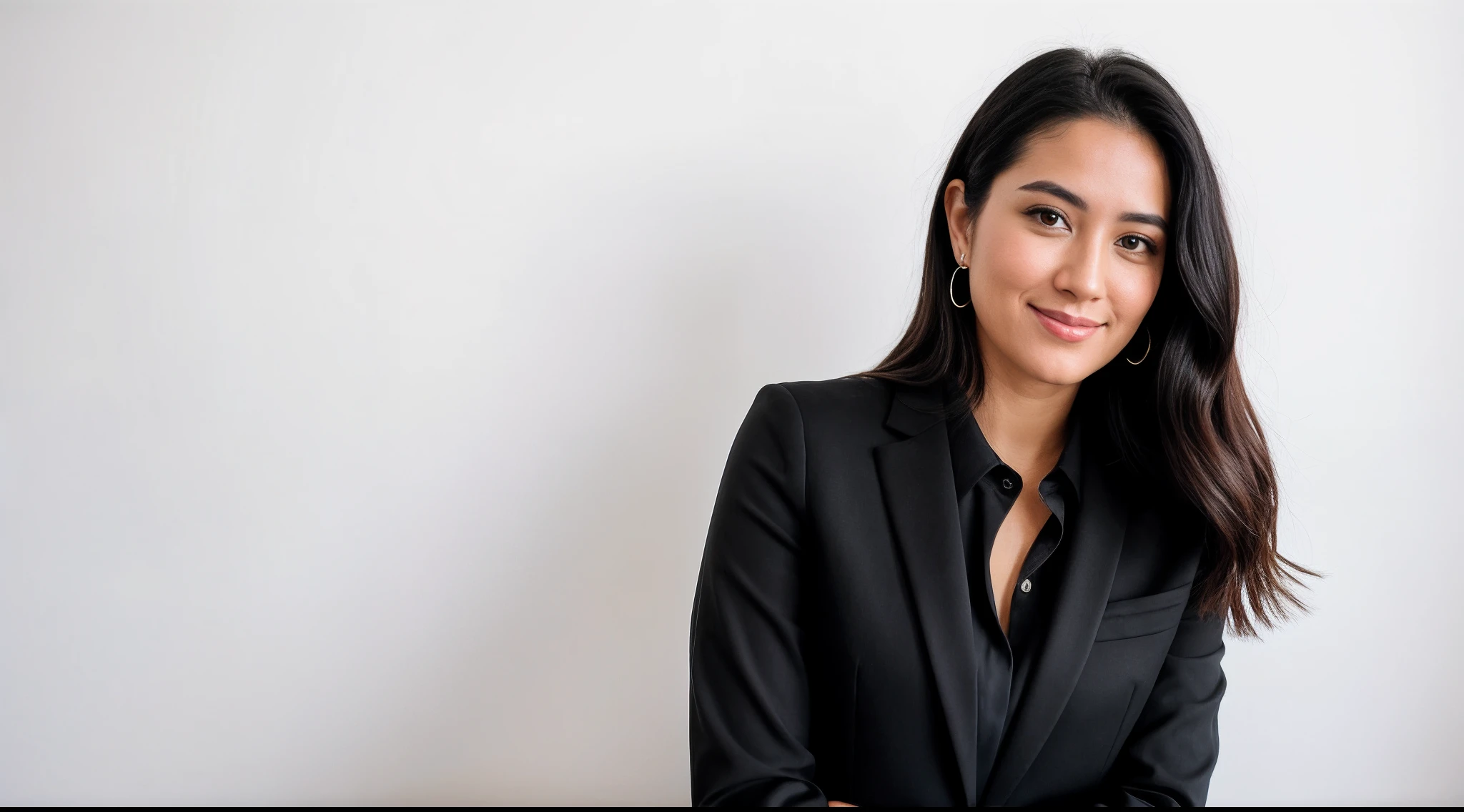 instagram photo, closeup face photo a woman in a black suit, black shirt and black pants posing suit for a picture on the white background