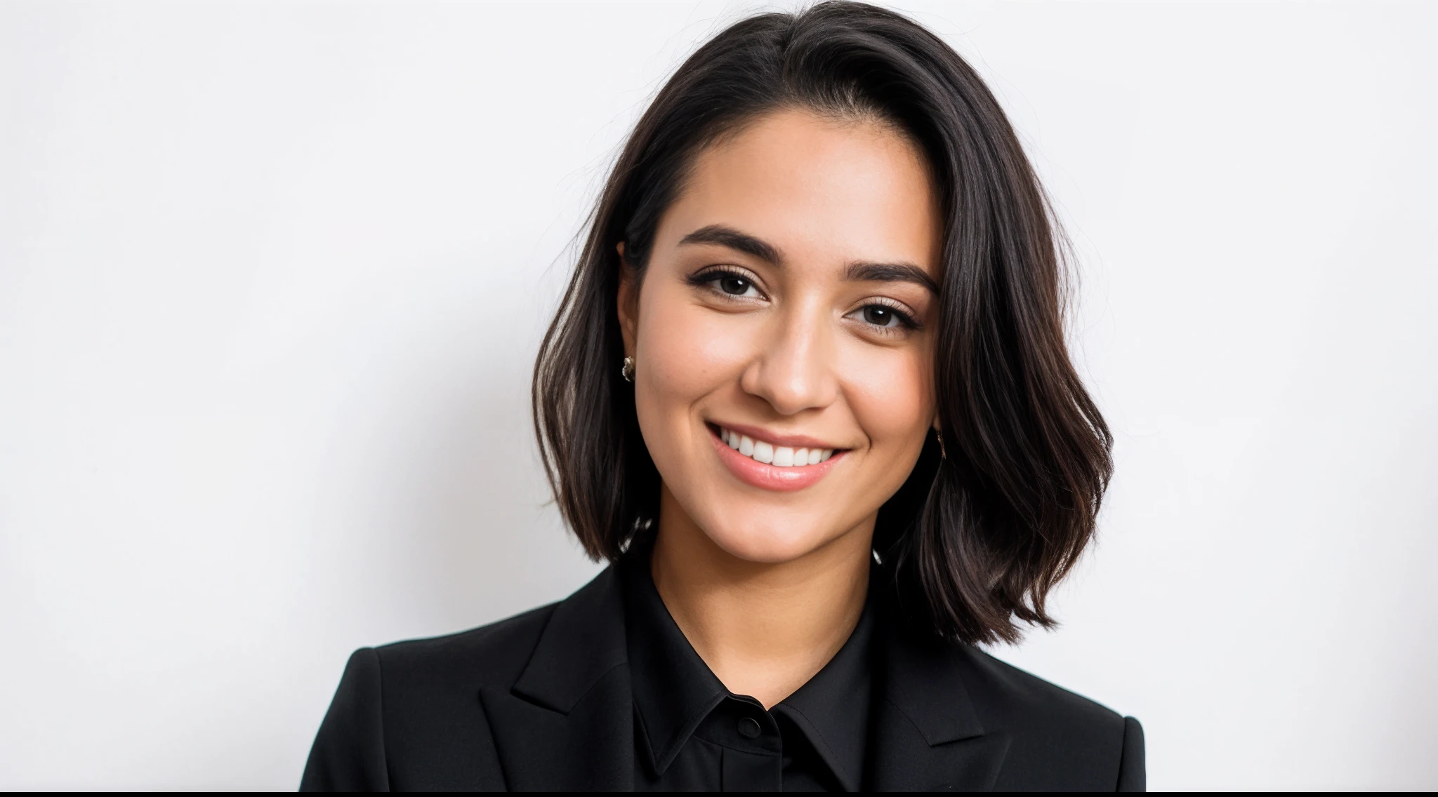 instagram photo, closeup face photo a woman in a black suit,  black shirt and black pants posing suit for a picture on the white background