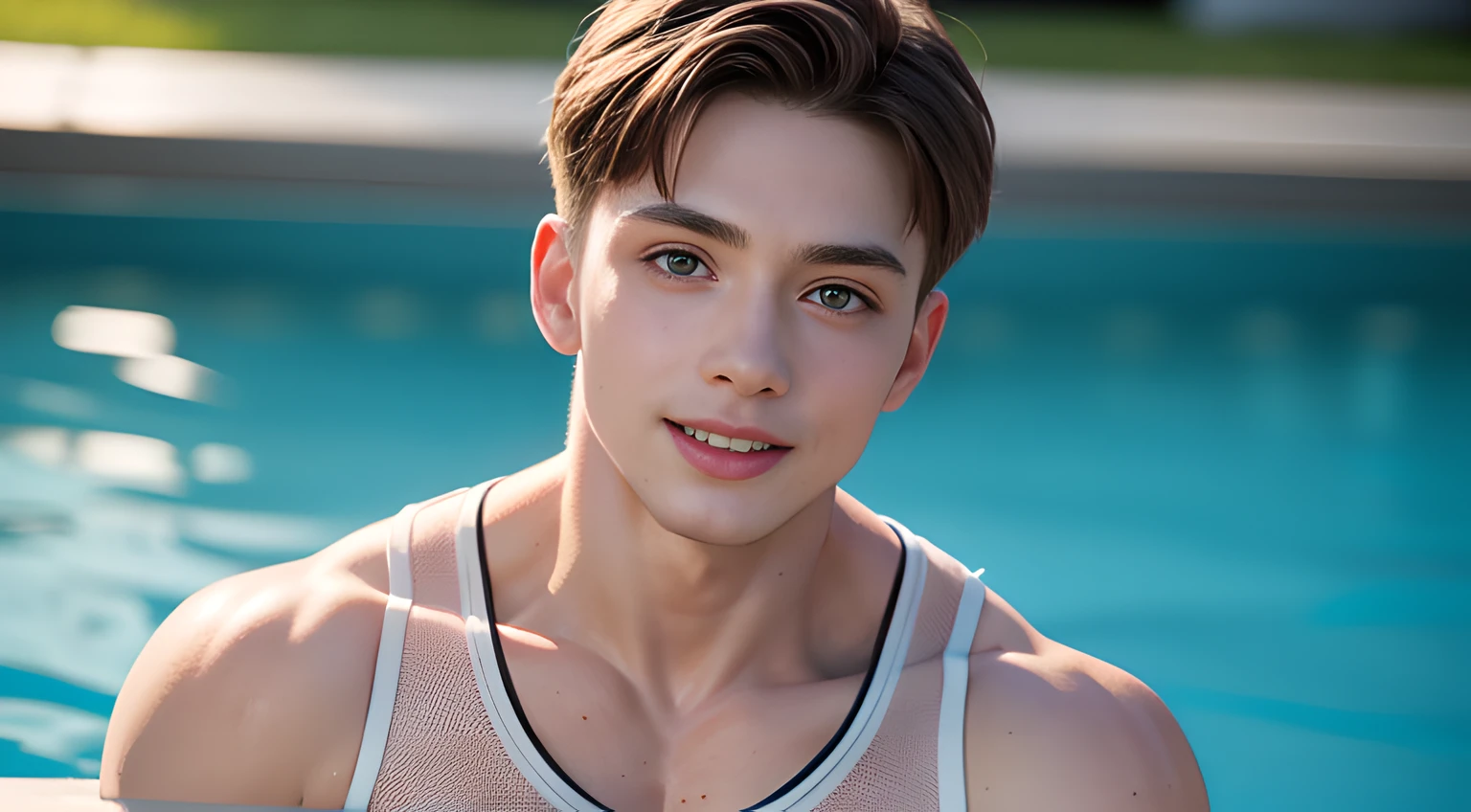 male Age 21 swimwear lifeguard topless smile
