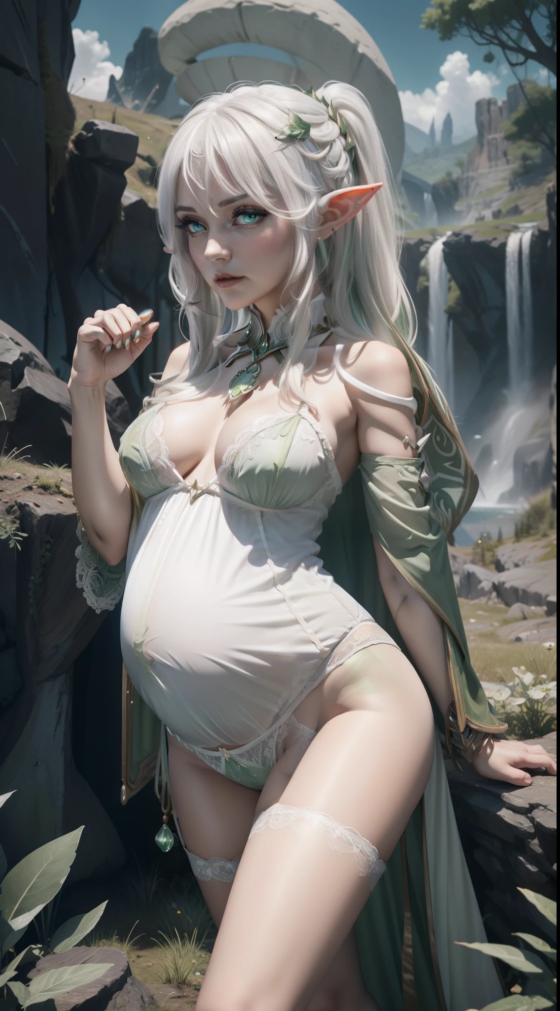 the elf,(White hair),pointy ears,Cruciferous pupils,Lewd expression,Customs,Sex practitioners,nipple piercing,Lace lingerie big breasts,Green transparent cloak,hand behind back,Quite belly,simplebackground,themoon,The breath of life,Green meadows,A huge tree of life,The breath of green life,Skysky,Gentle and powerful divinity,Wife-like feeling,Poor milk ,5 months pregnant,Pregnant women with,full bodyesbian,slender leg,pretty high-heel
