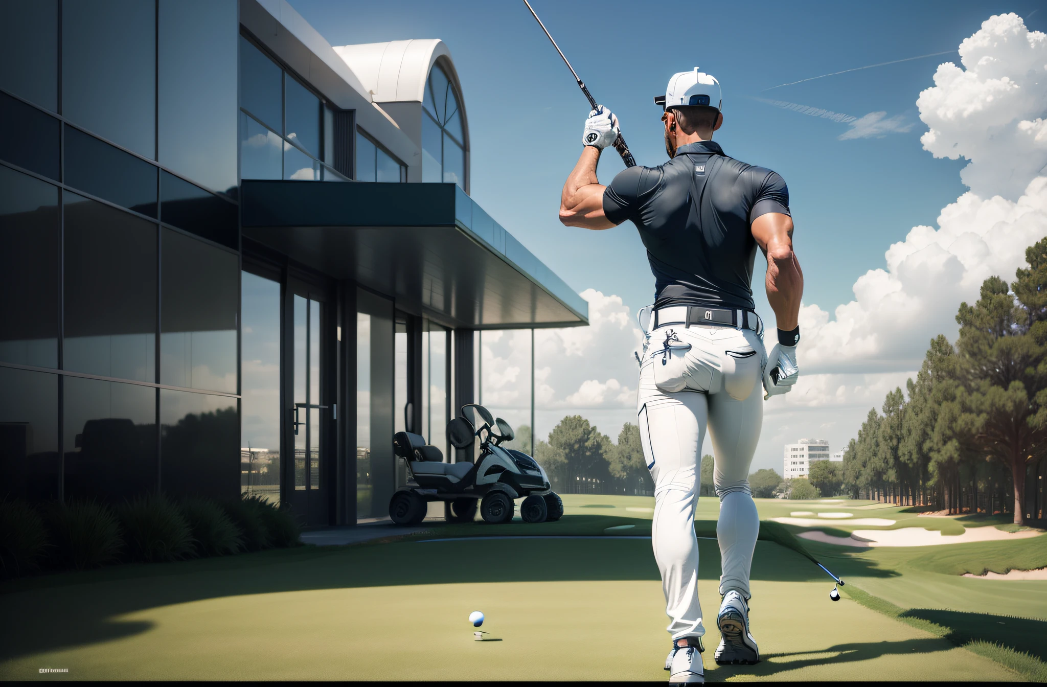 A cyborg, Golfer, seen from the back, A cyborg, brandishing a club Full-length rear view, Top view of the field, On the golf course, White buildings in the background, Golf cart, Under the glass dome