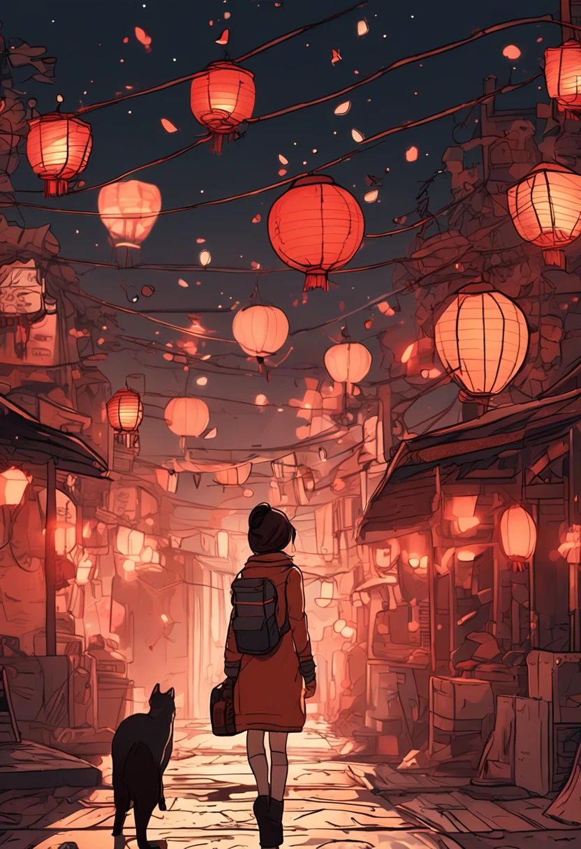 a young lady with lanterns and cat scifi, in the style of dynamic anime, cyberpunk background ,light brown and red, festive atmosphere, i can't believe how beautiful this is, official art, 32k uhd, folk-inspired illustrations --ar 29:64