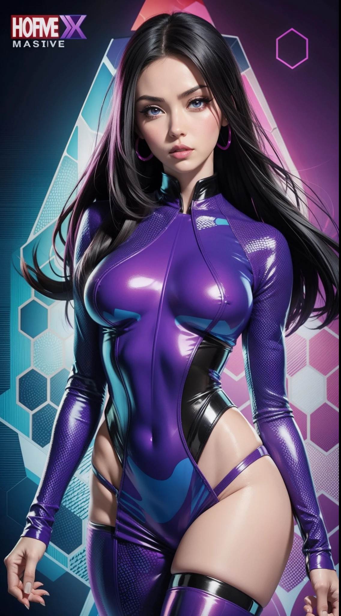 Psylocke from Marvel Comics, Masterpiece, Best Quality, abstract, Psychedelic, Neon, (honeycomb pattern), (creative:1.3), Sy3, SMM, fantasy00d