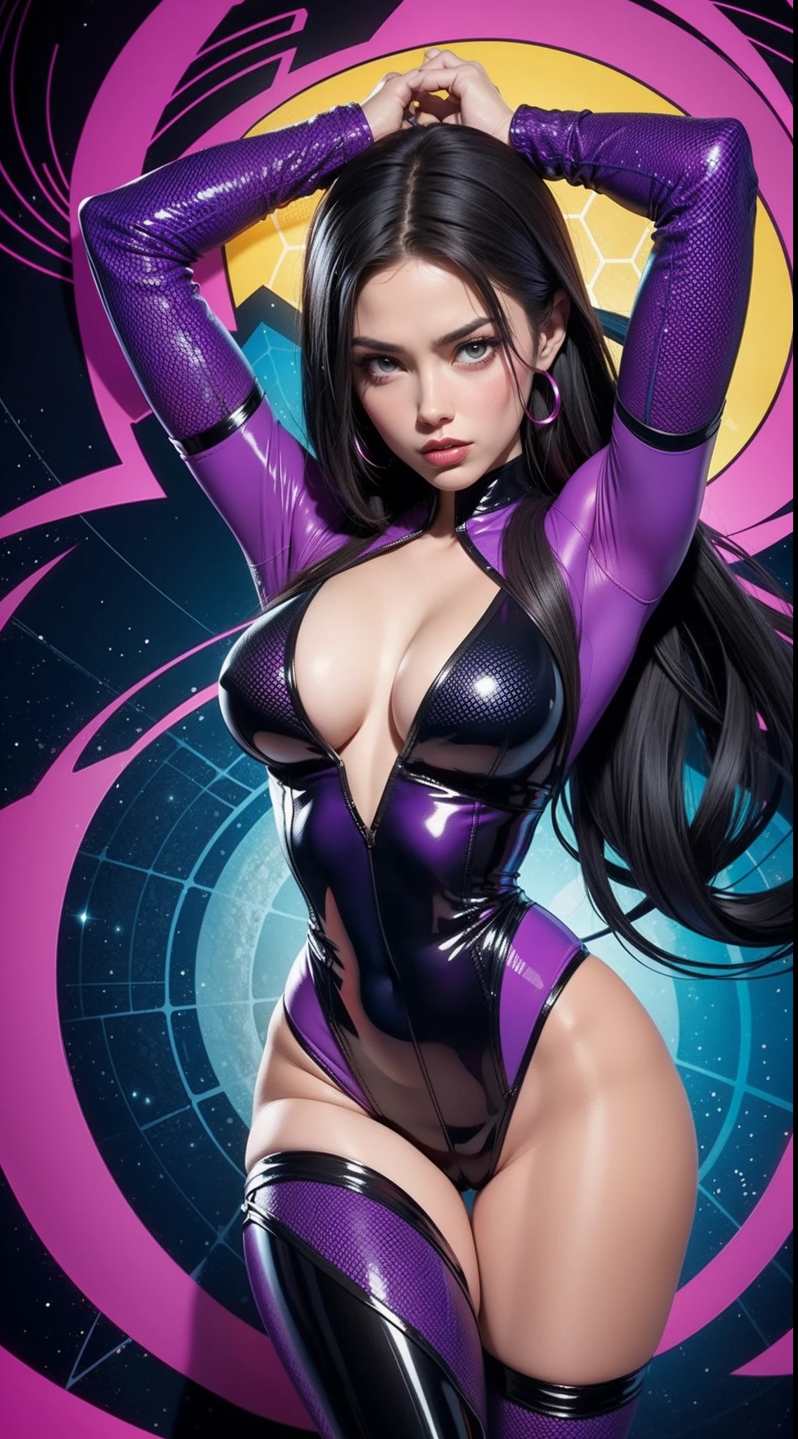 Psylocke from Marvel Comics, Masterpiece, Best Quality, abstract, Psychedelic, Neon, (honeycomb pattern), (creative:1.3), Sy3, SMM, fantasy00d