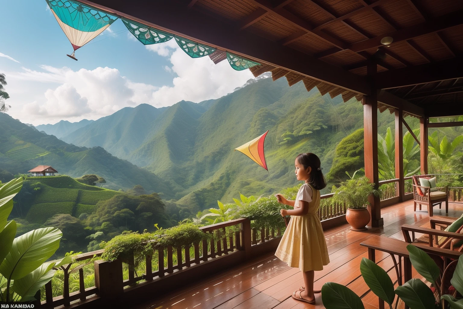 Year: 2020
Country: Malaysia
Description: Amidst the lush tea plantations of the Cameron Highlands, an enchanting colonial-style bungalow exudes vintage charm. A tween stands on the veranda, holding a handmade kite against the backdrop of rolling hills and vibrant tea leaves.