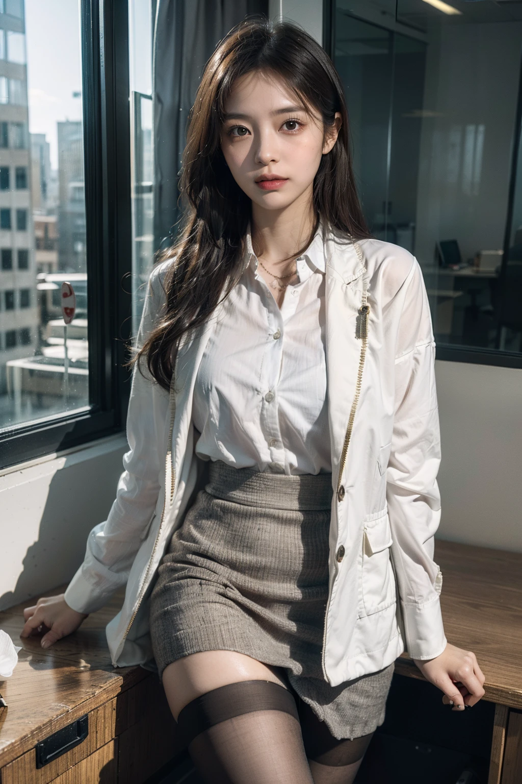 1girl, (european:1.3), 31 years old,Sophisticated, businesswoman's suit, (Jacket:1.1), (Shirt:1.1), (line wrap skirt:1.1),Accessories,Jewelry,Briefcase,Tights,Stockings,goosebumps,goose-flesh, (realistic:1.3), finely detailed, quality, (masterpiece:1.2), (photorealistic:1.2), (best quality), (detailed skin:1.3), (intricate details), dramatic, ray tracing, photograph, Wind surfboard, Bathed in shadows, Visual novel, boss office in Skyscraper, window with view on the city, film grain, Kodak gold 200, Depth of field 100mm, Flickr