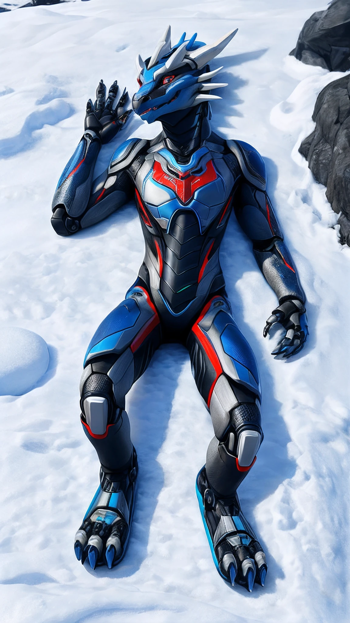Bionic robot dragon,female,Android,Red Lingeri,sandals,Lying on the snow,HD graphics,Detailed and realistic,high detal,high qulity,photo-realistic,photorealistic eye,Detailed paws,Clear eyes,Masterpiece artwork,Five-fingered hands,top-quality,32k