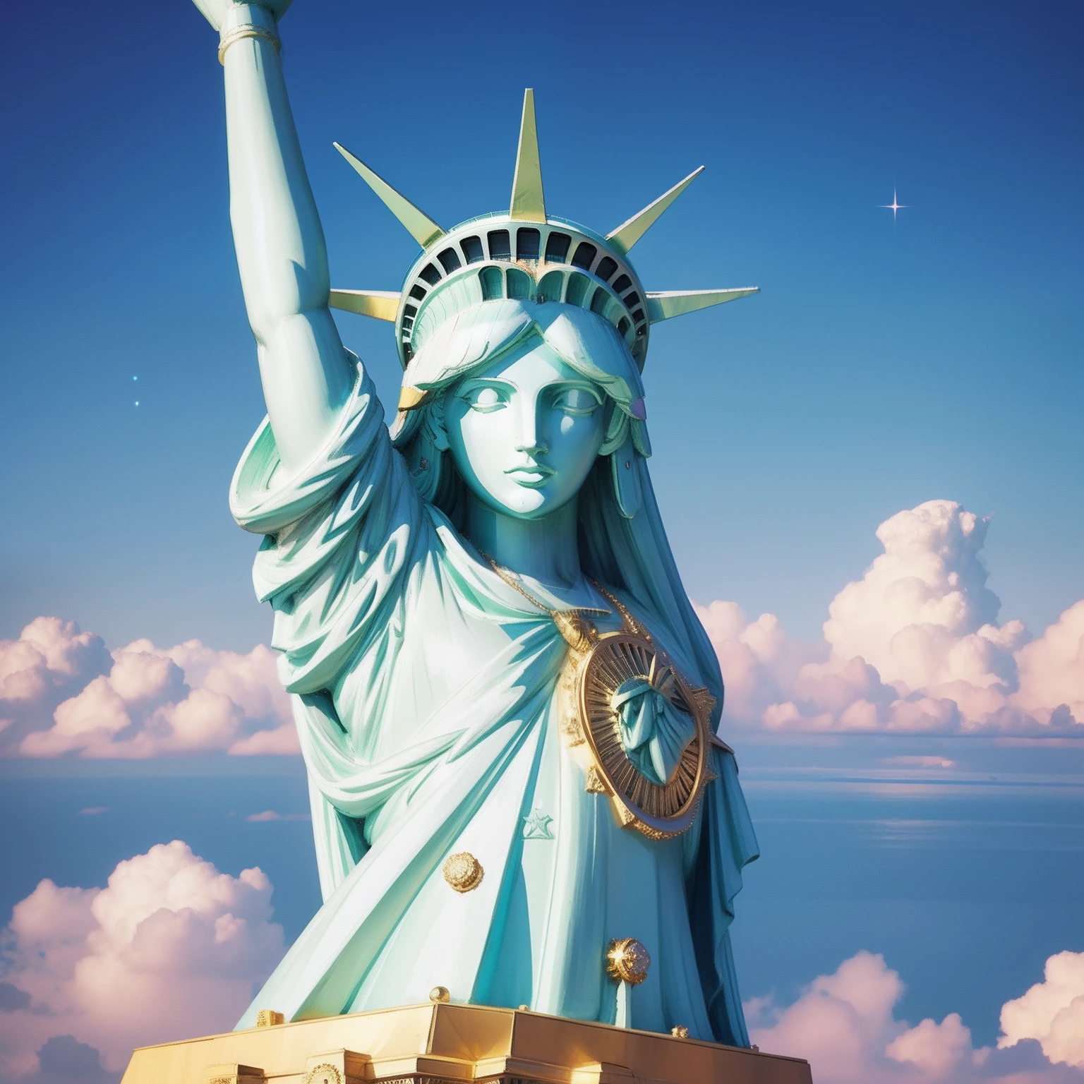 Peace sign in the sky with diamonds, Statue of Liberty in the style of peter max