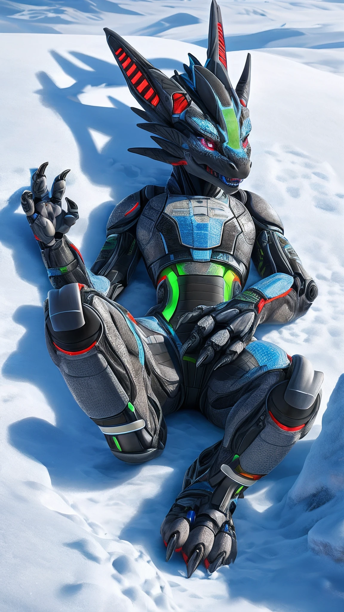 Bionic robot dragon,female,Android,Red Lingeri,sandals,Lying on the snow,HD graphics,Detailed and realistic,high detal,high qulity,photo-realistic,photorealistic eye,Detailed paws,Clear eyes,Masterpiece artwork,Five-fingered hands,top-quality,32k