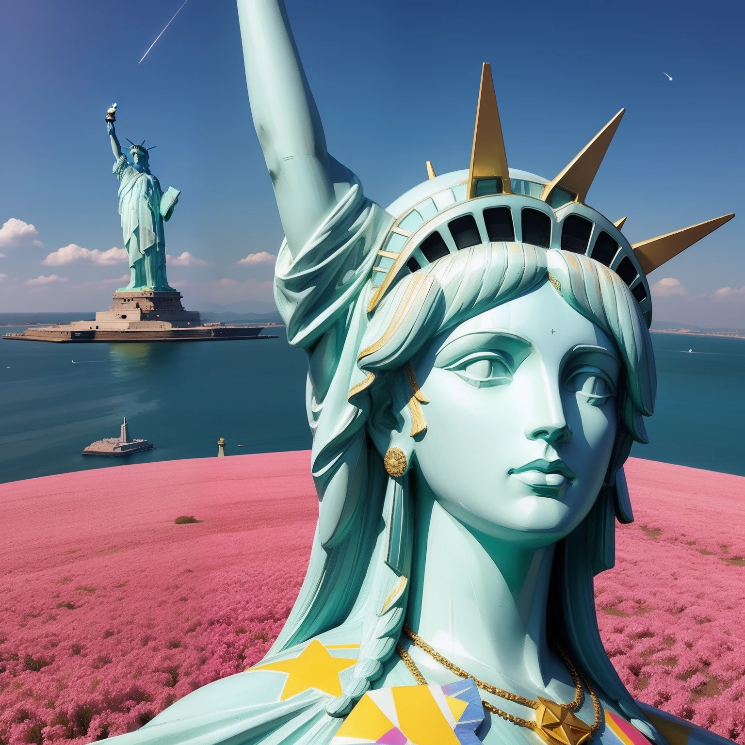 Peace sign in the sky with diamonds, Statue of Liberty in the style of peter max