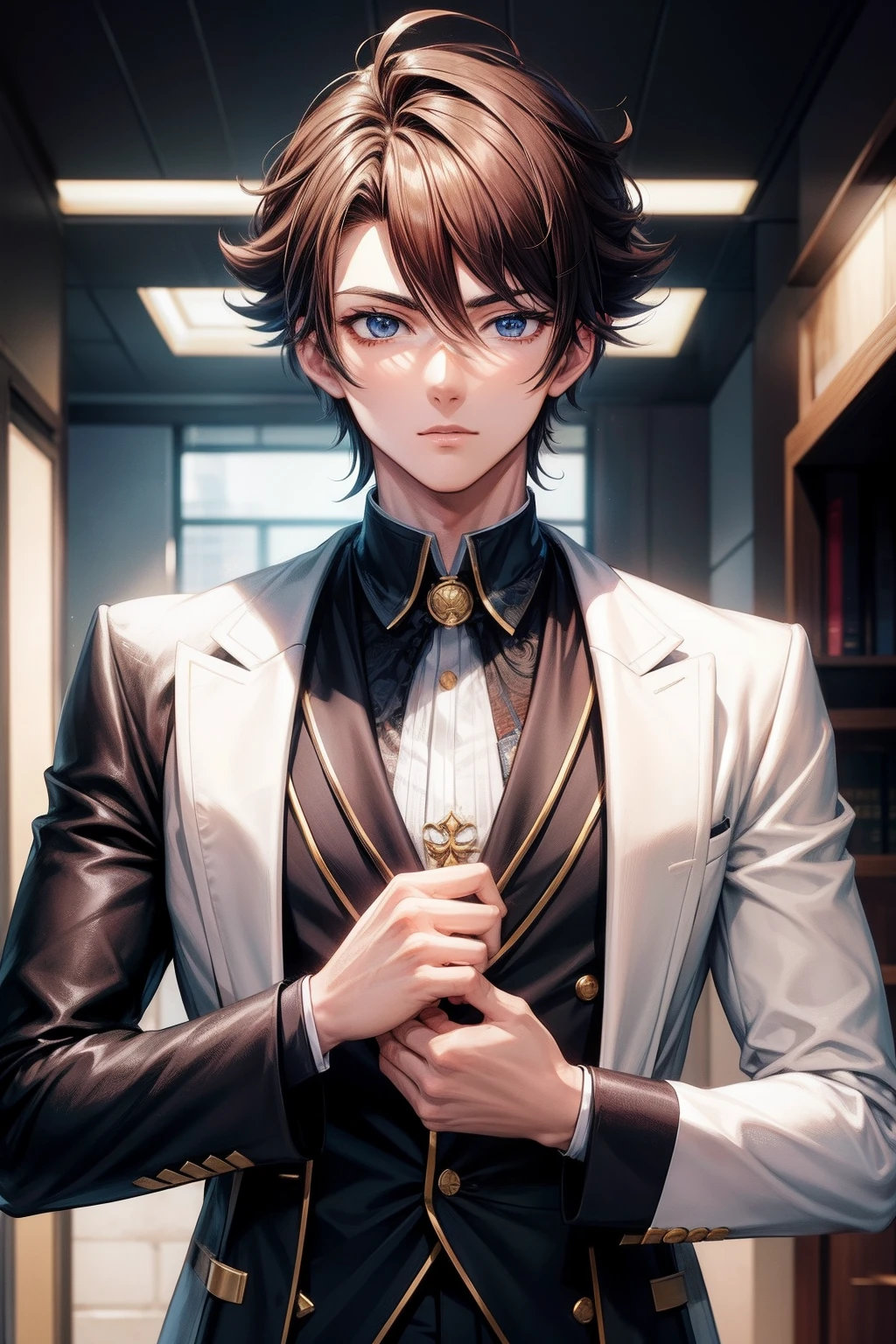 Photo of symmetrical bust on the front,Anime boys,Handsome hairstyle,Korean style,kurzes dunkles Haar,