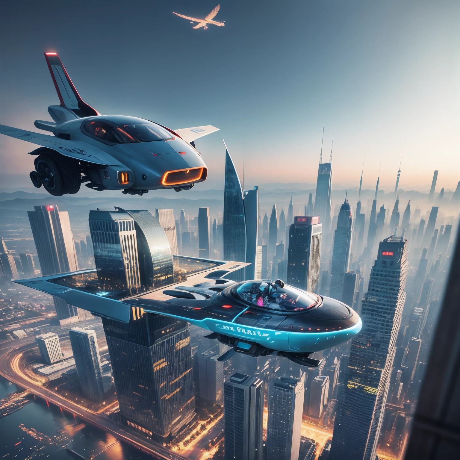 Futuristic flying car, in the sky, below you can see the futuristic city