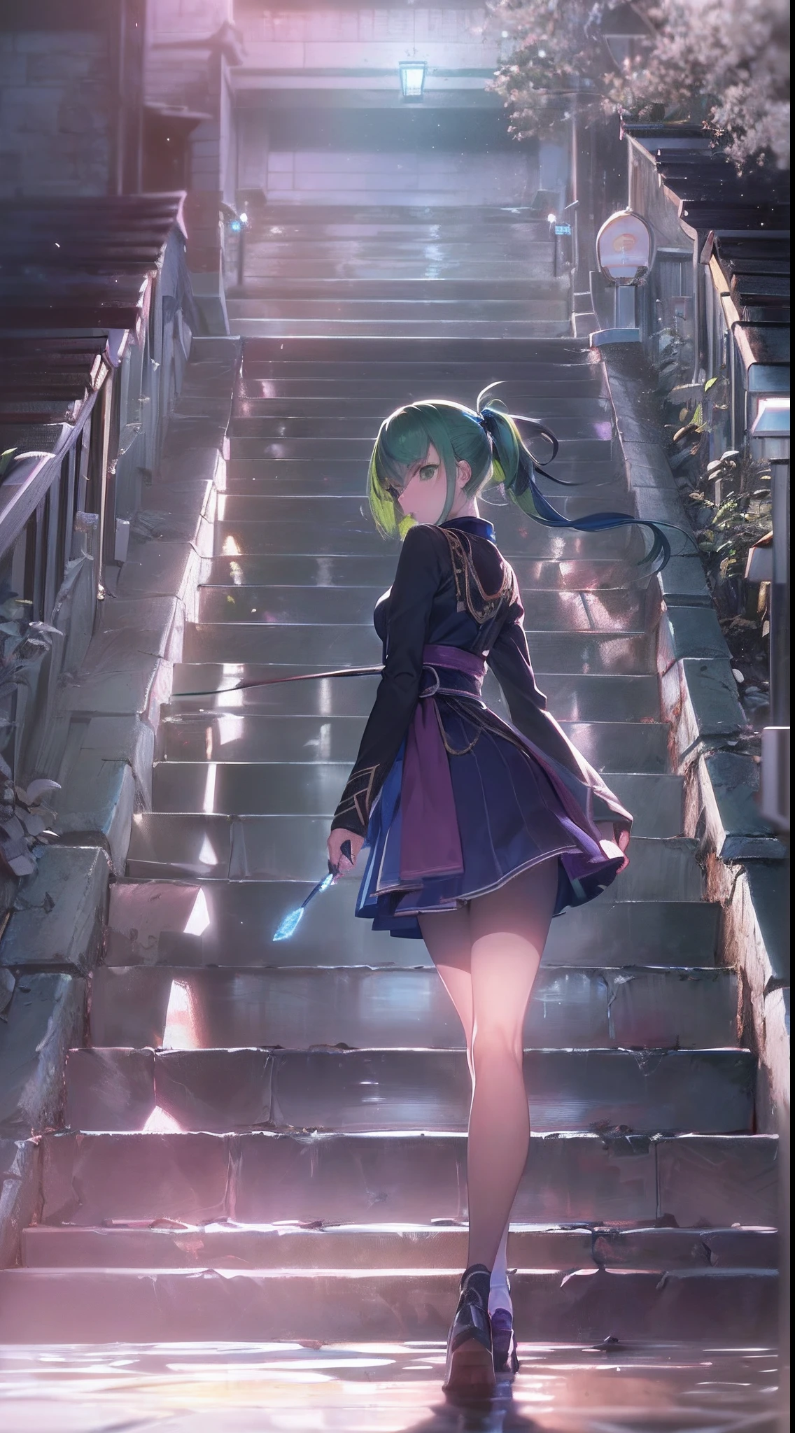 (a beautiful assassin woman), (walk toward the stone stairs),((perfect and thin body shape)), short ponytail, (green hair),(gradient eye colors), ((bright and clear eye)), green eyes, (nocturnal clothes without sleeves), black short nocturnal skirt, (Japanese shrine), ((rapid lighting attribute), ((purple and dark blue lighting)), (anime style), (((cinematic lighting))), ((ray tracing)), ((reflection light)), (((first-person view))), atmospheric perspective, masterpiece, accurate, ((best quality)), high quality, super detail, high details, ((anatomically correct)), highRes, UHD