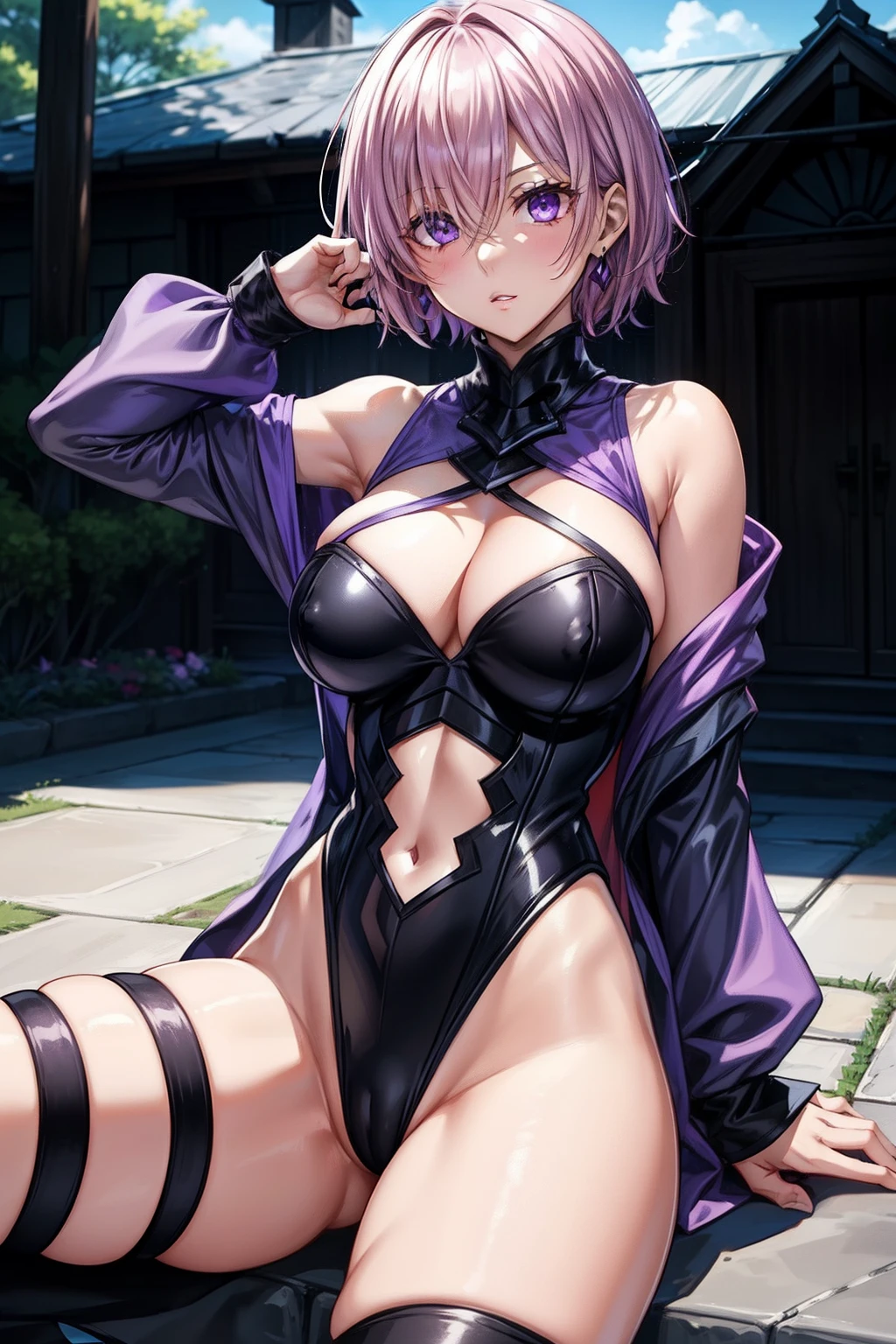 mash_kyrielight(fate_grandorder), 1girl, ​masterpiece、top-quality、Black Leotard、Purple eyes、{A sexy}、crotch、outside of house、