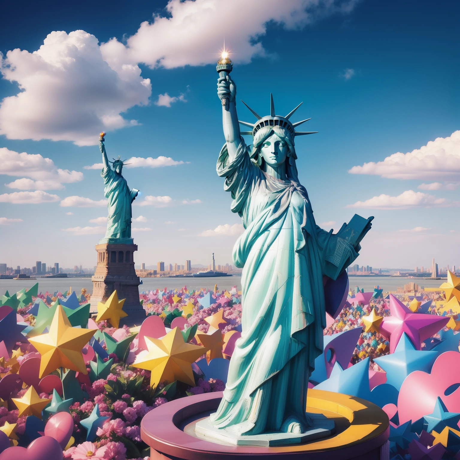 Peace sign in the sky with diamonds, Statue of Liberty in the style of peter max