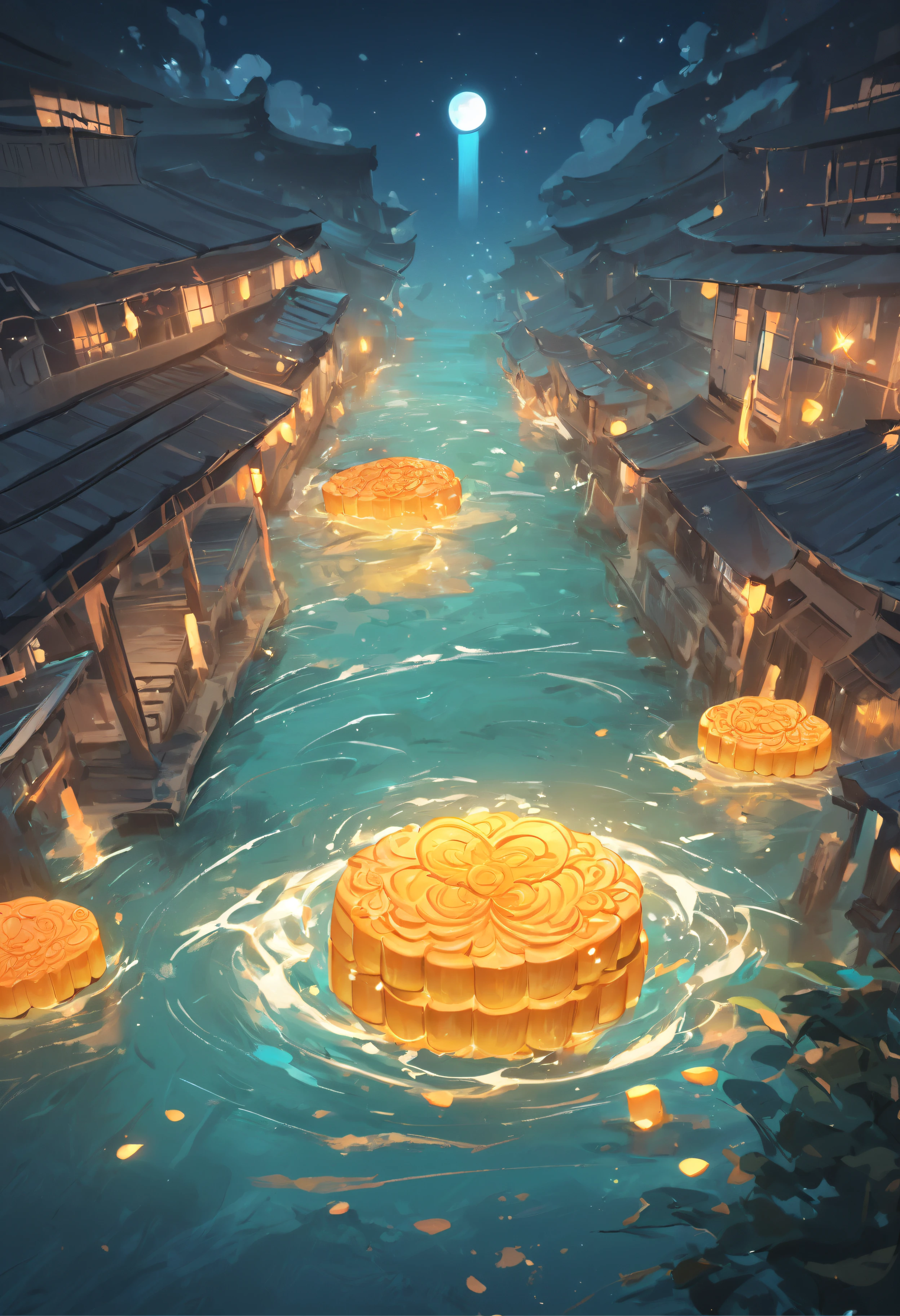 Mooncakes form a creative stage,Scene of a river flowing,Bright moon,best qualtiy,3D modeling rendering,C4D style,wide wide shot,8K,