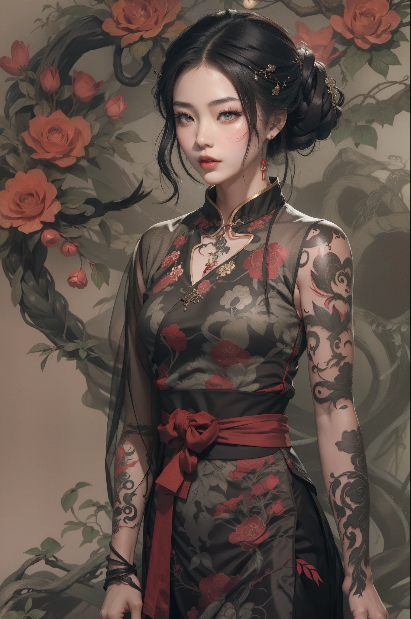 tattoos on young woman in old chinese dress, in the style of realistic yet romantic, light brown and dark black, dark gray and dark crimson, anime aesthetic, gothic romance, made of vines, edwardian beauty