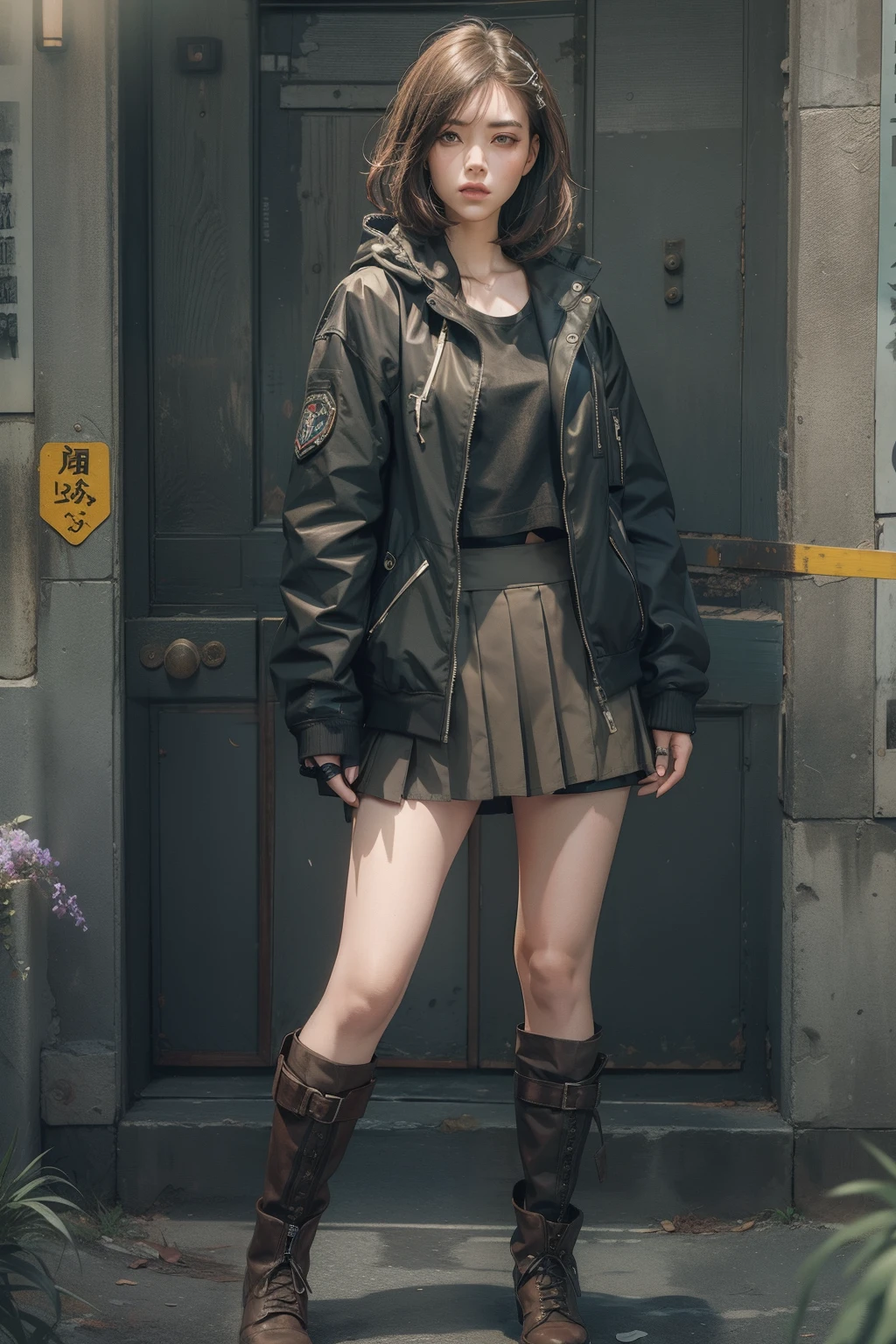 ((Masterpiece, Full body, Semi Realistic)) Full body of girl, bad girl, elegant Face and badass, crop top,Jacket, short Japanese school skirt, Long boot, post apocalyse, 8K, Trending on artstation, realistic, fullbody, full head and leg must include, nice leg, medium hair, deadly style, best anatomy, character standing inside the picture frame.