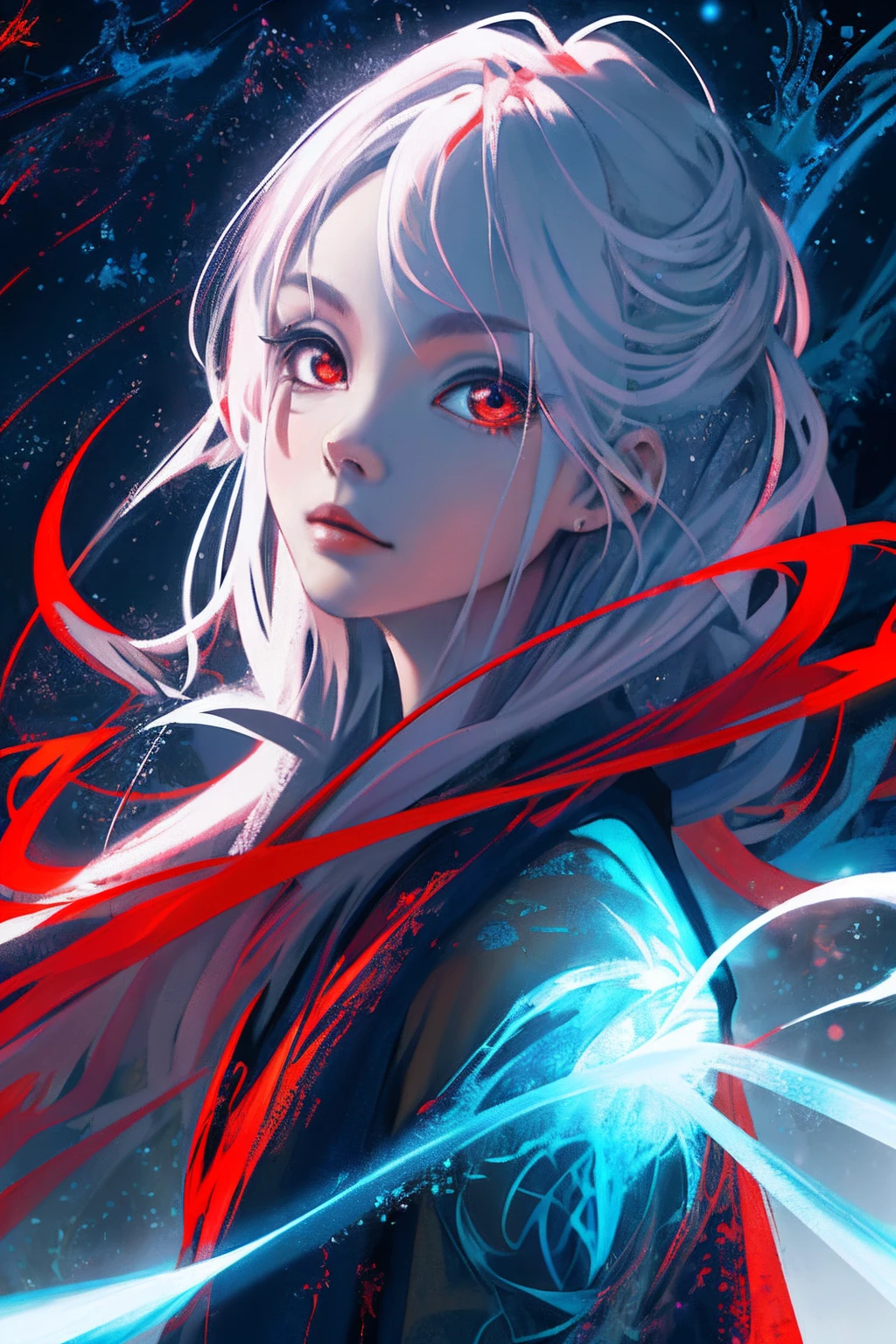 realisticlying、Masterpiece quality、best qualtiy、offcial art、Beauty and aesthetics：1.2、Very detailed fractal art、Colorful abstract background、Kizi、Kamimei、The color hair、long whitr hair、luminous red eyes、Mysterious magic、Girl of Ice and Fire，Red and blue color scheme，cinematric light