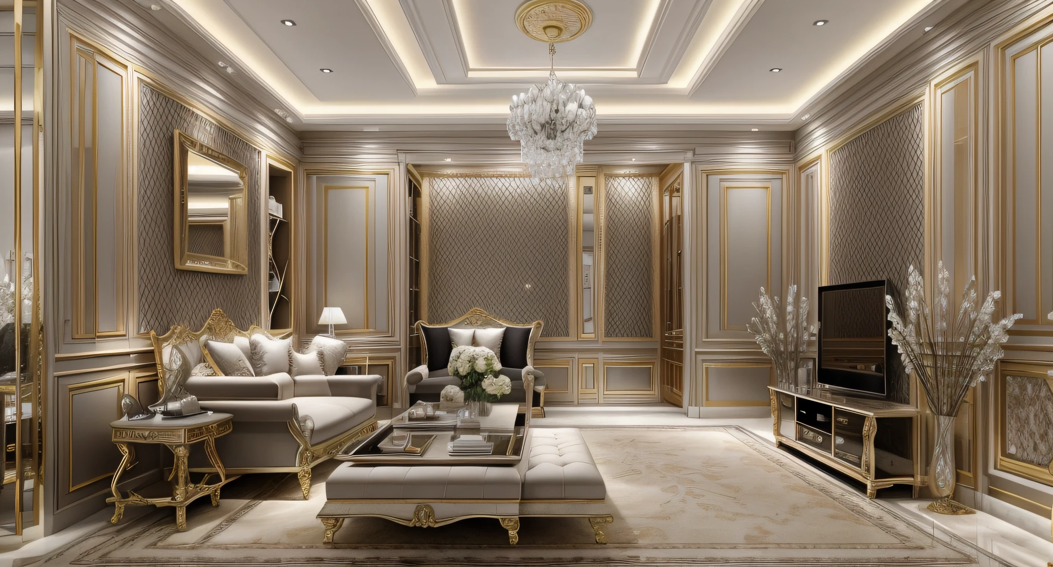 interior luxury, neo classic, minoti furniture, arafed view of a living room with a couch,bacara chandeliers,  table coffee, detailed,, archviz, highly photographic,ceiling and wall panels,  tall ceilings,  8k uhd, high quality, film grain, Fujifilm XT3, cinematic, slate grey, dramatic light, architecture, shadow in front, 5pm,