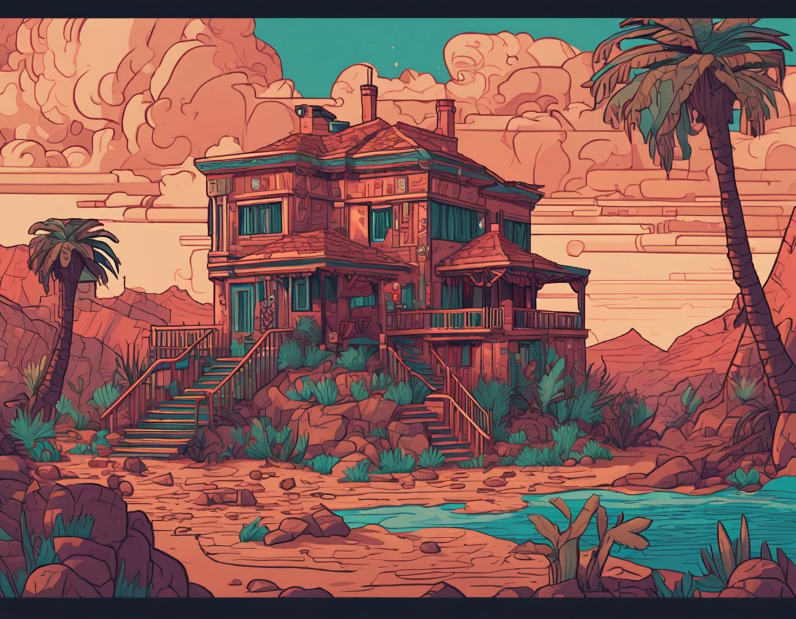 house in the desert by josse schmalle, in the style of pixel art, baroque maritime, lo-fi aesthetics, cartoonish style, calm waters, mexican core, neo-geo
