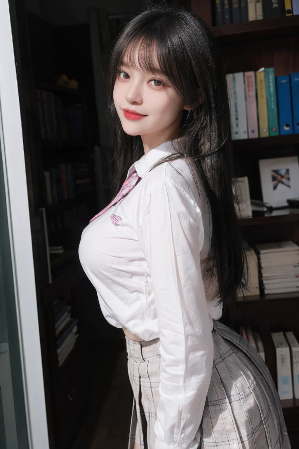 best images quality,RAW photos,超高分辨率,taken from the side,gently smiling,16 yaers old,very Bigger breasts,tiese,Ribbons,校服,collared shir,School Uniform Shirts,Plaid skirts,White skin of the,Shiny white skin,a short bob,bright silver hair,bright black hair,The bangs are neatly arranged,beautidful eyes,beautiful eyes of random colors,Very thin lips, beautiful eyes with details,Elongated eyes,pale pink blush,long eyelasher,beautiful double eyelid,eye shadows,耳Nipple Ring,Night School,Dark library at night,Stand next to the bookshelf